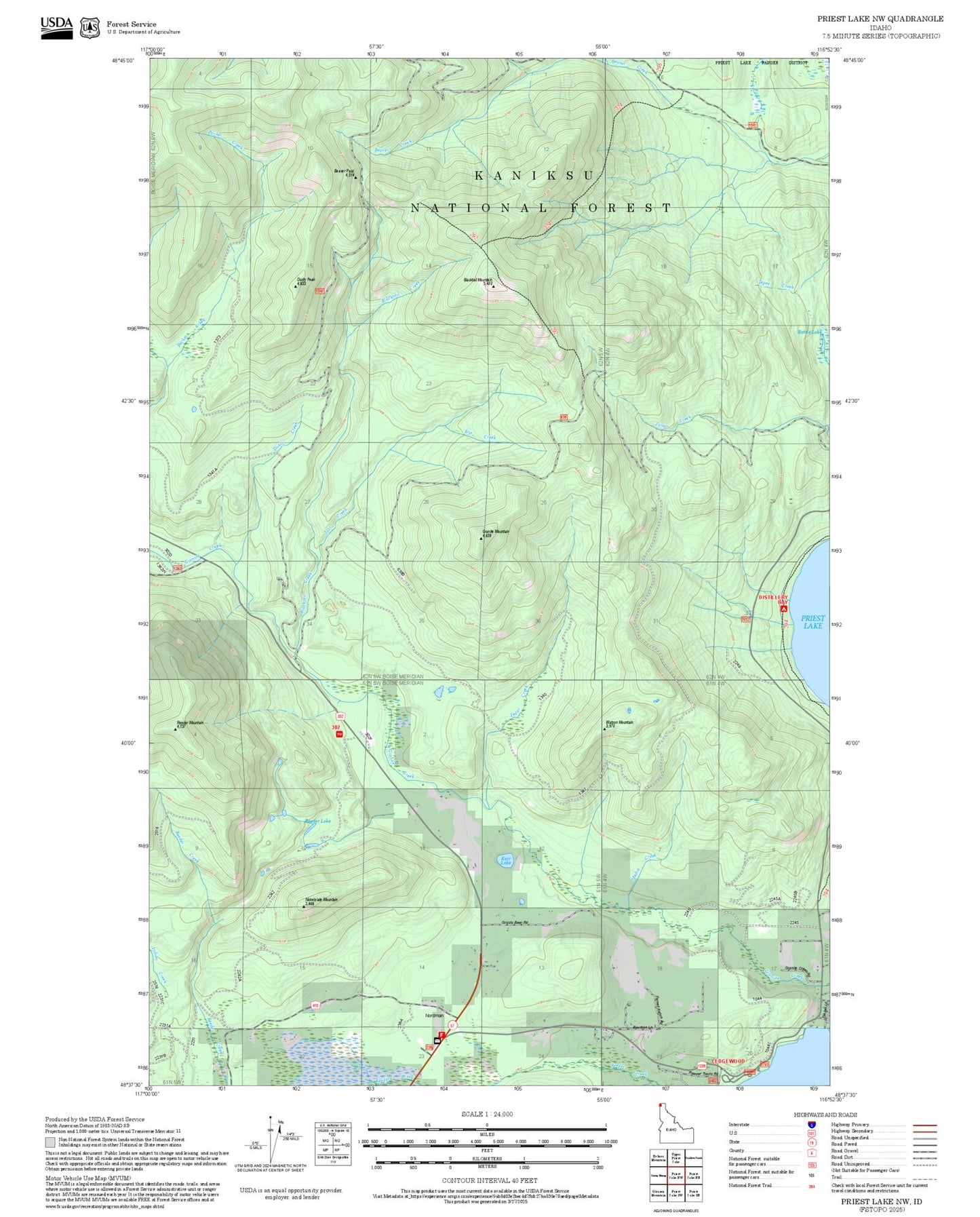 2025 Forest Service Topo Map of Priest Lake NW Idaho
