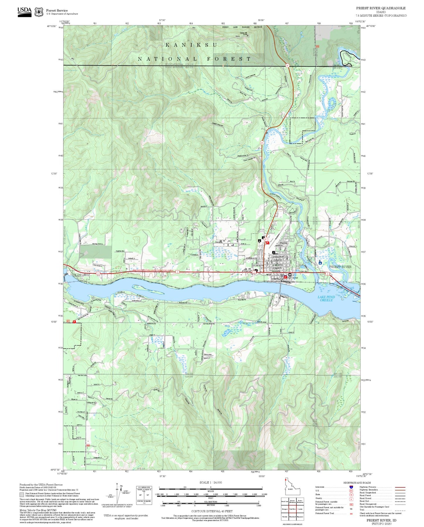 2025 Forest Service Topo Map of Priest River Idaho