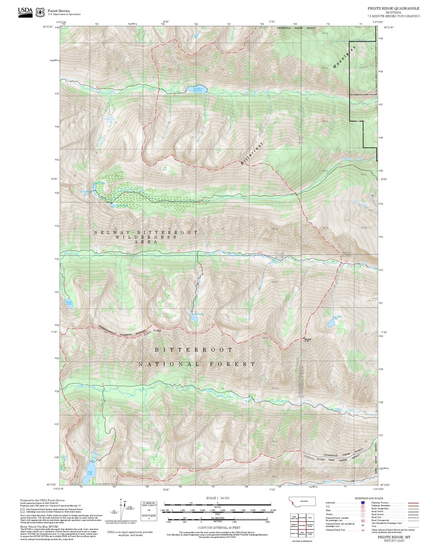 2025 Forest Service Topo Map of Printz Ridge Montana