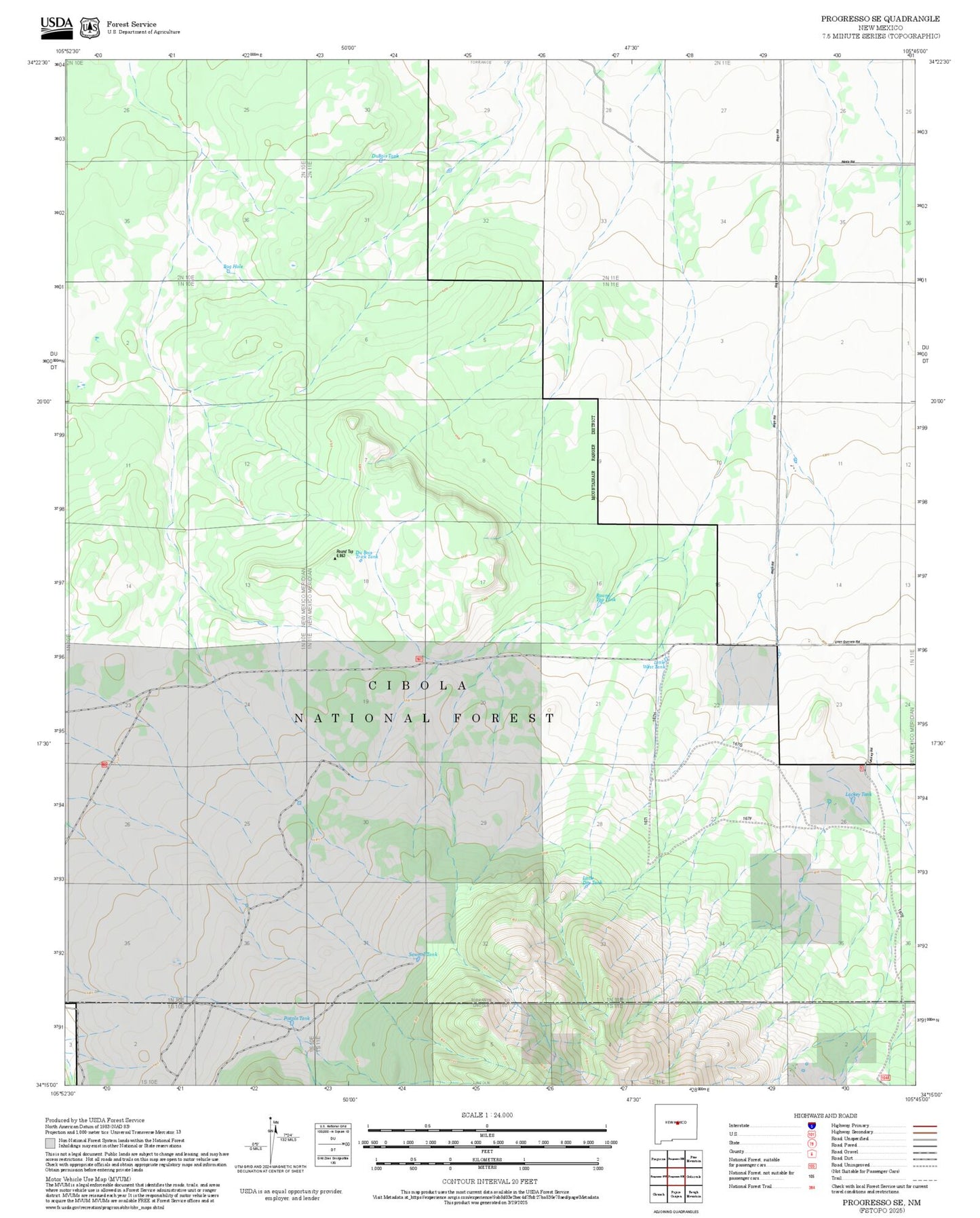 2025 Forest Service Topo Map of Progresso SE New Mexico