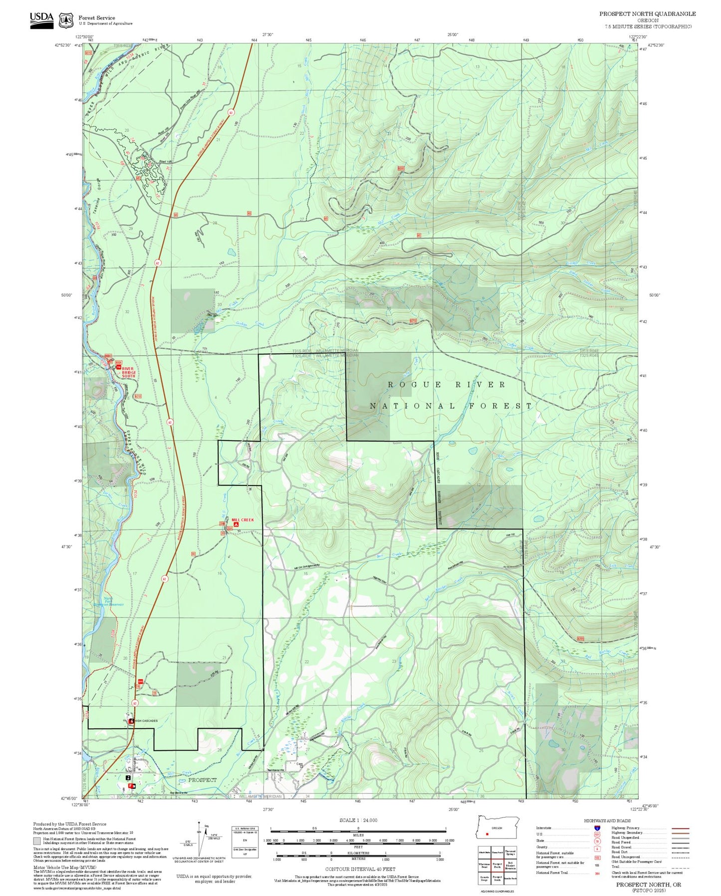 2025 Forest Service Topo Map of Prospect North Oregon