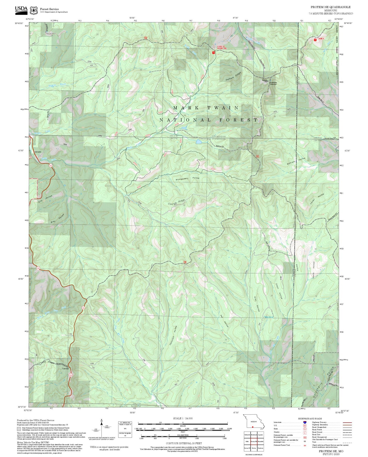 2025 Forest Service Topo Map of Protem NE Missouri