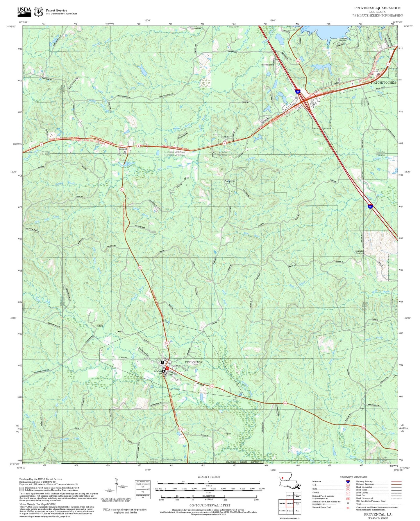 2025 Forest Service Topo Map of Provencal Louisiana