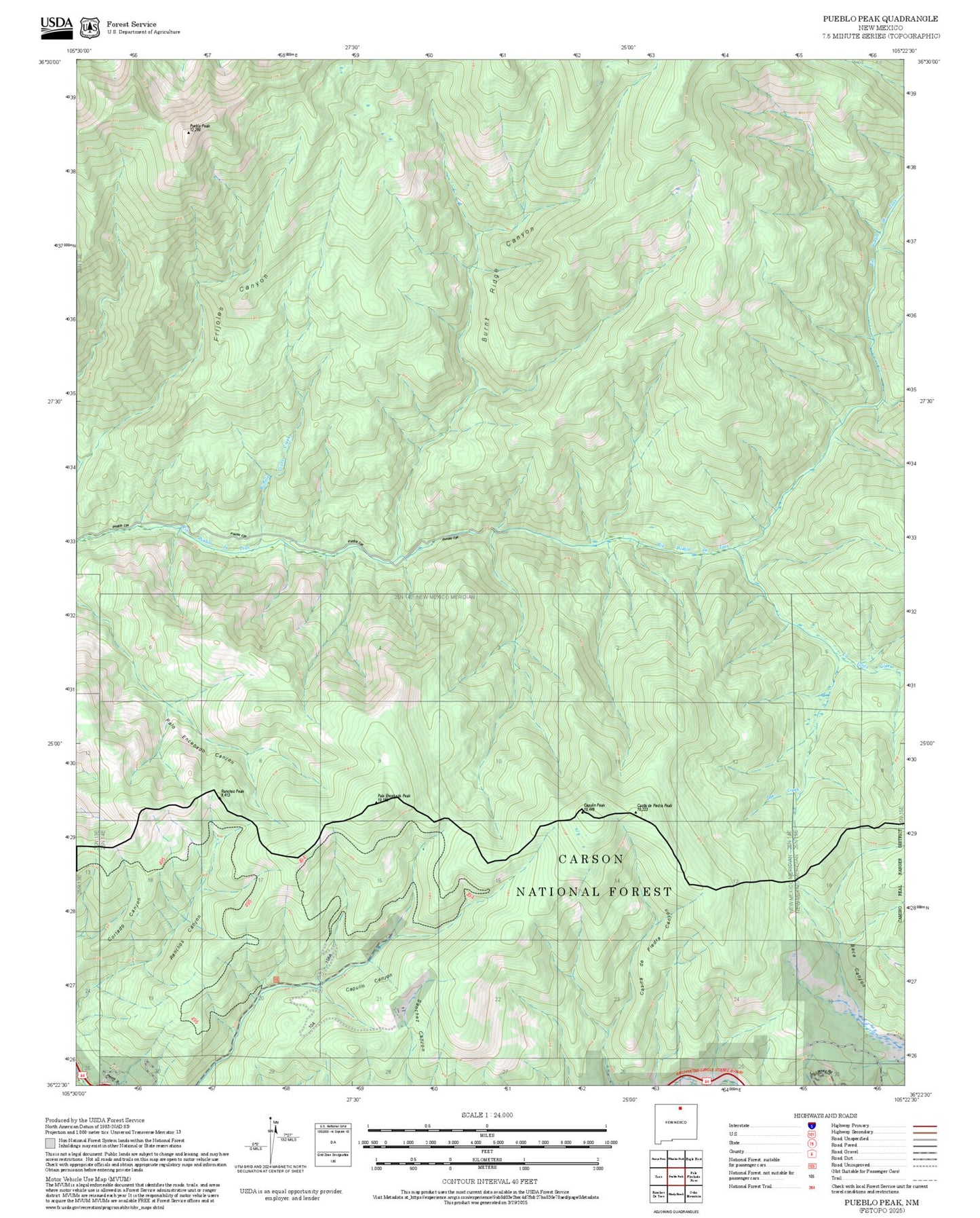 2025 Forest Service Topo Map of Pueblo Peak New Mexico