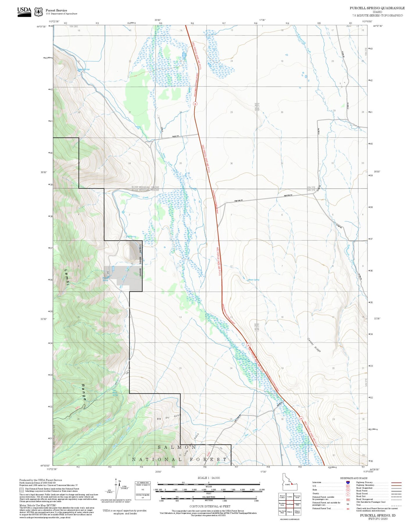 2025 Forest Service Topo Map of Purcell Spring Idaho