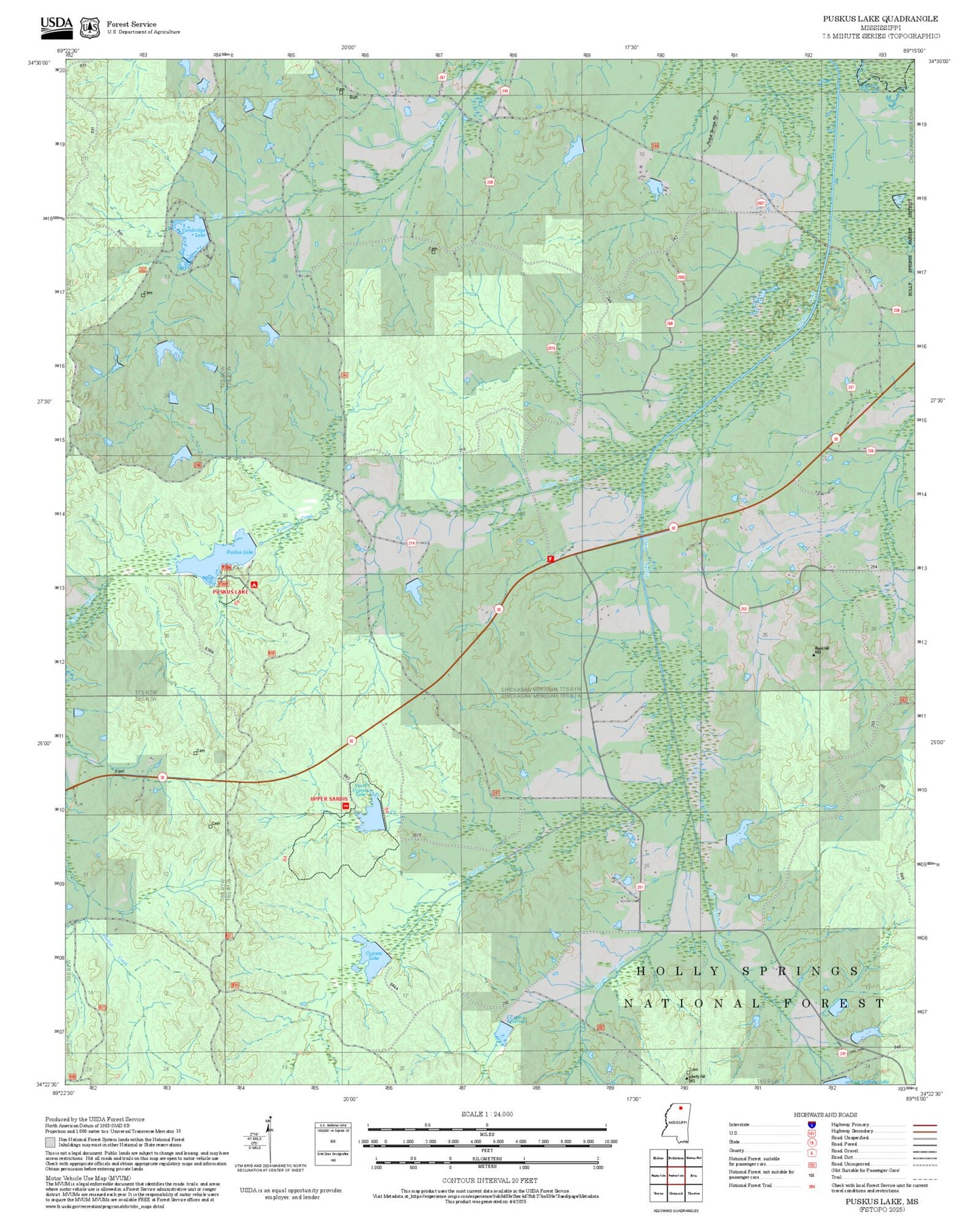 2025 Forest Service Topo Map of Puskus Lake Mississippi