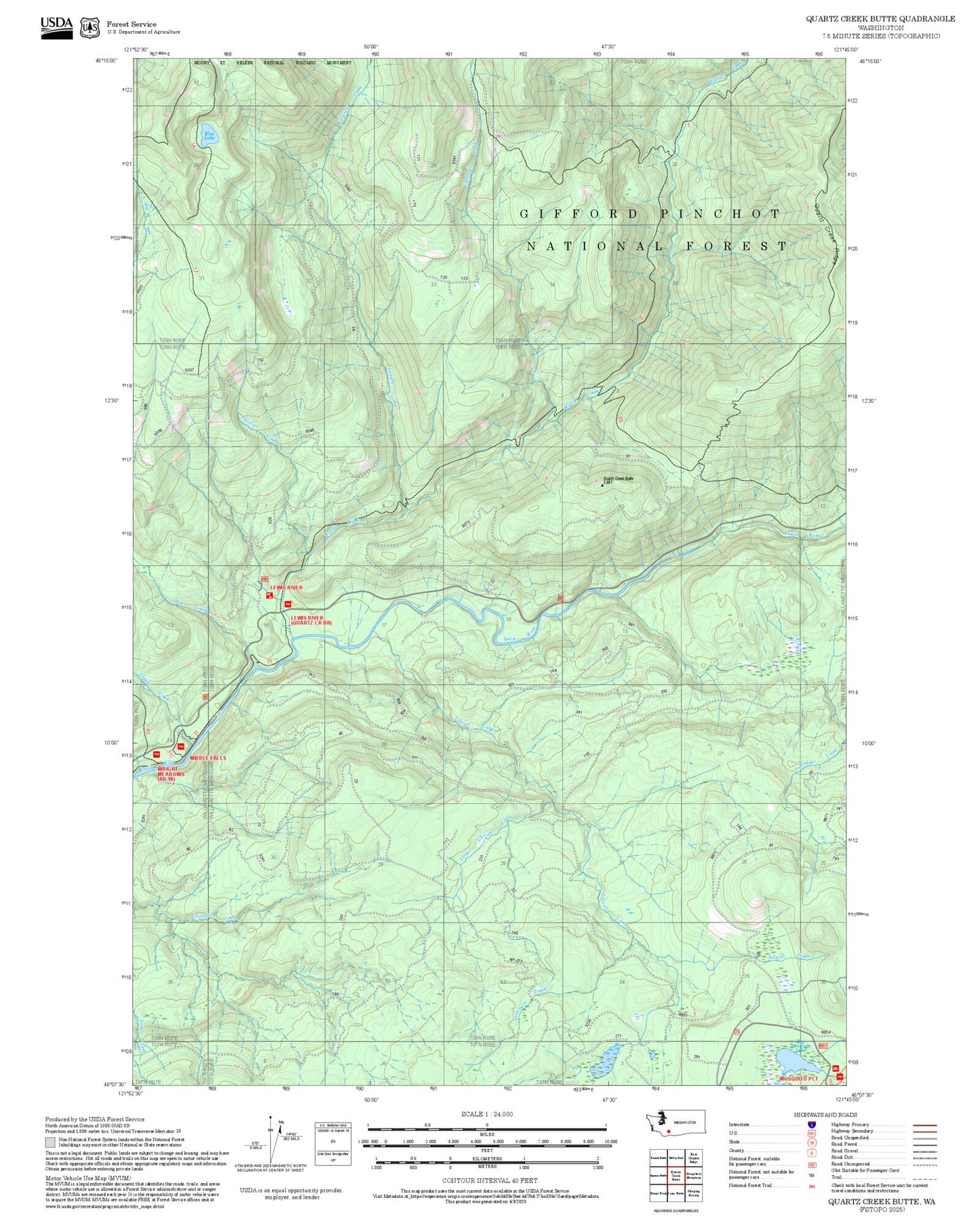 2025 Forest Service Topo Map of Quartz Creek Butte Washington