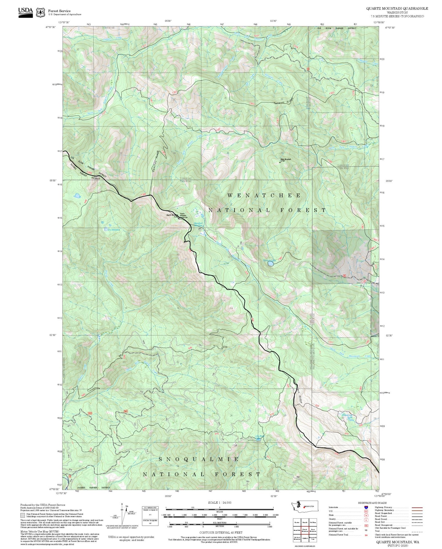 2025 Forest Service Topo Map of Quartz Mountain Washington