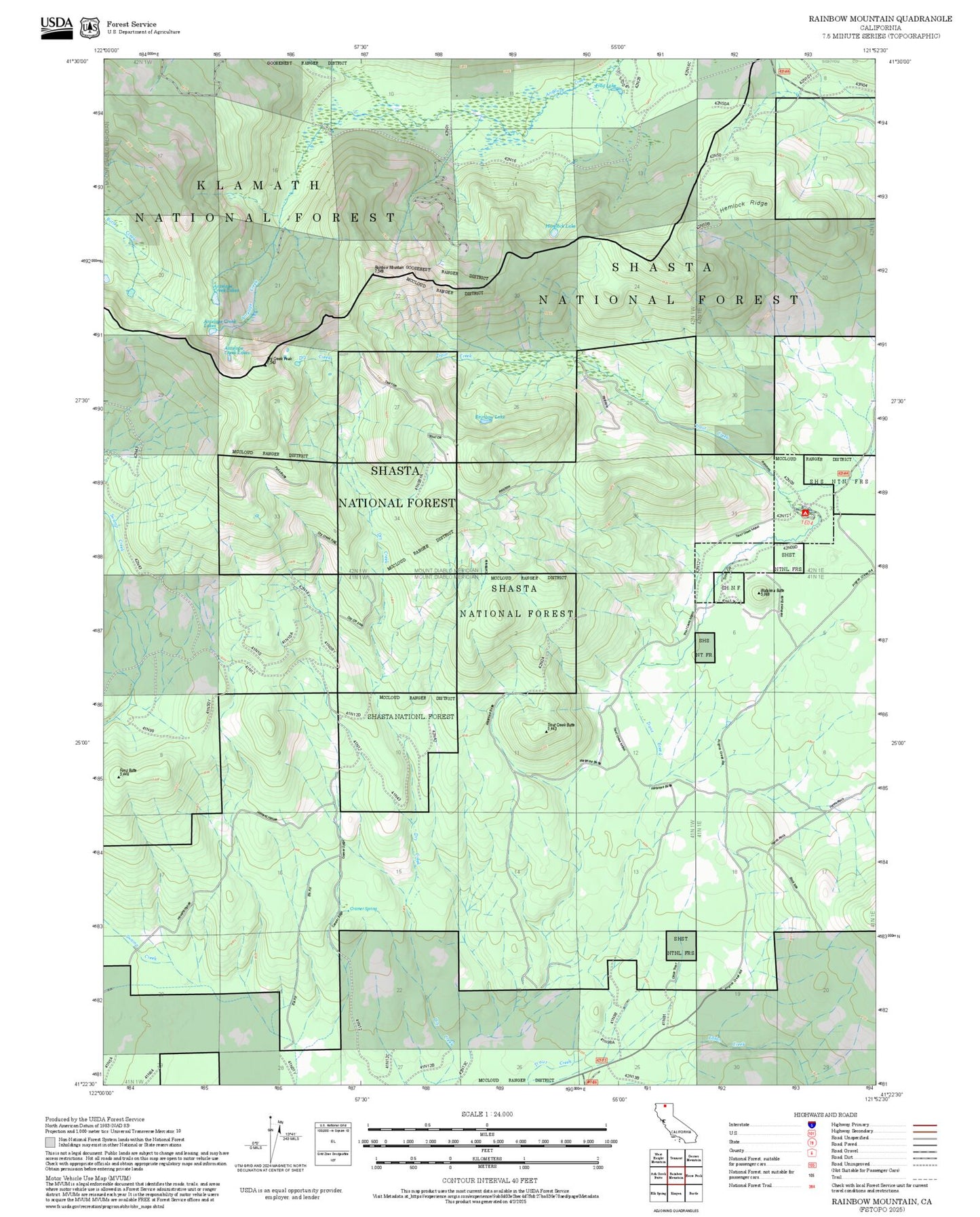 2025 Forest Service Topo Map of Rainbow Mountain California