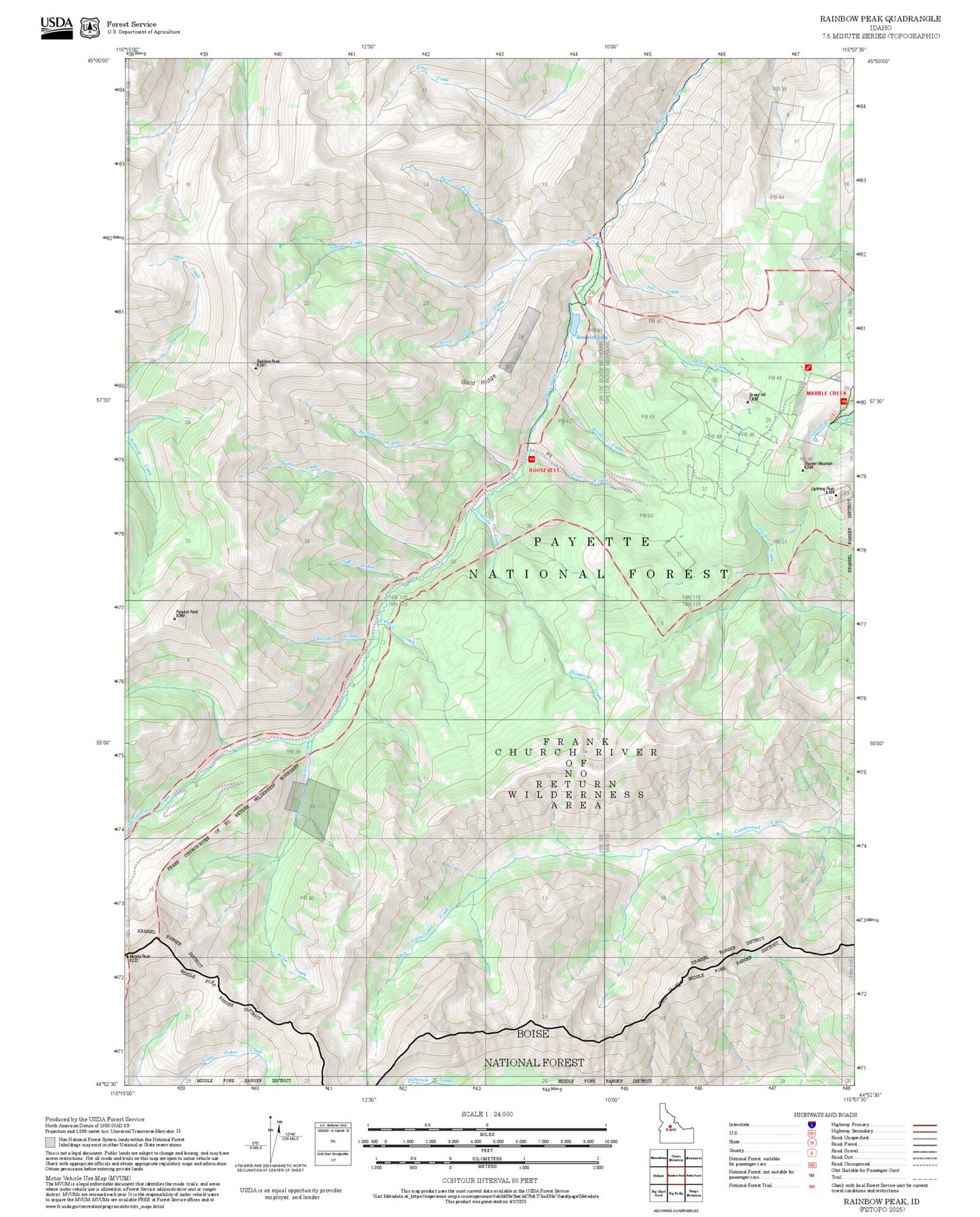 2025 Forest Service Topo Map of Rainbow Peak Idaho