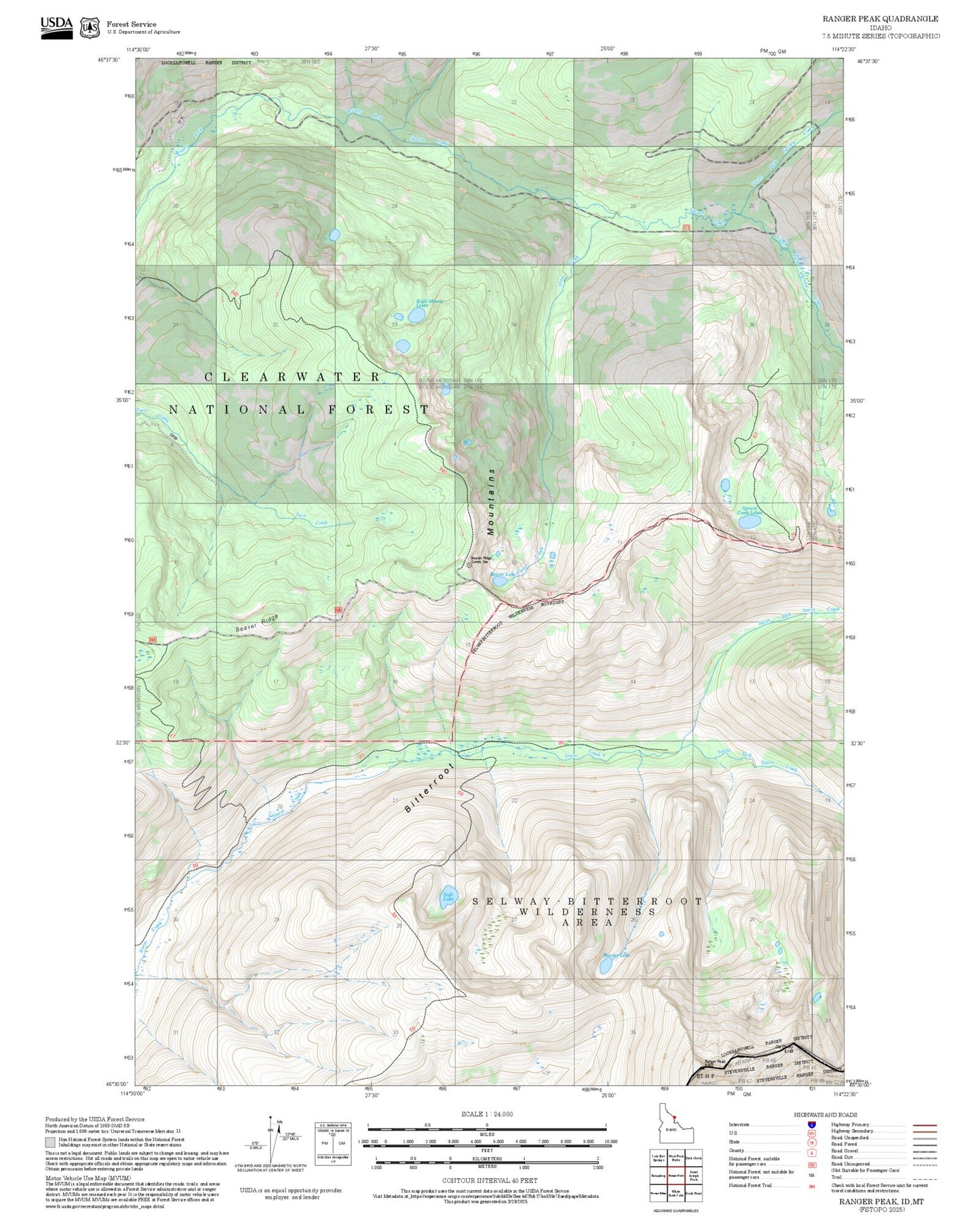 2025 Forest Service Topo Map of Ranger Peak Idaho