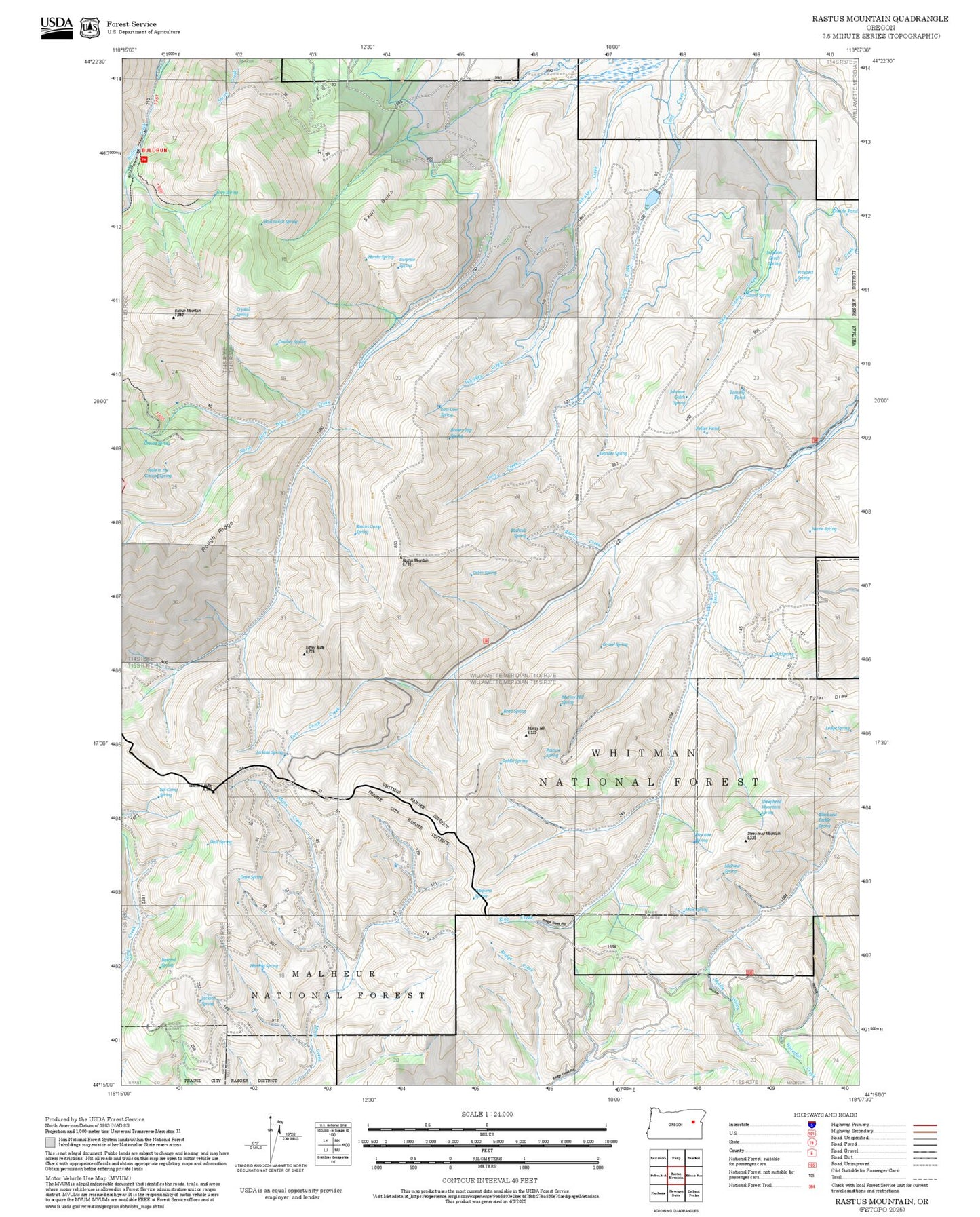 2025 Forest Service Topo Map of Rastus Mountain Oregon