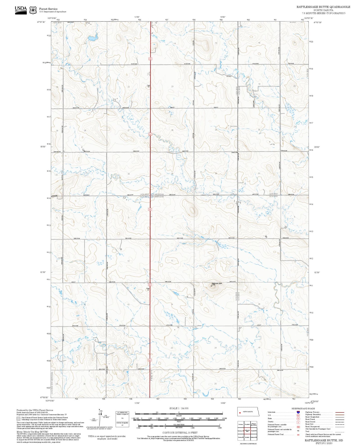 2025 Forest Service Topo Map of Rattlesnake Butte North Dakota