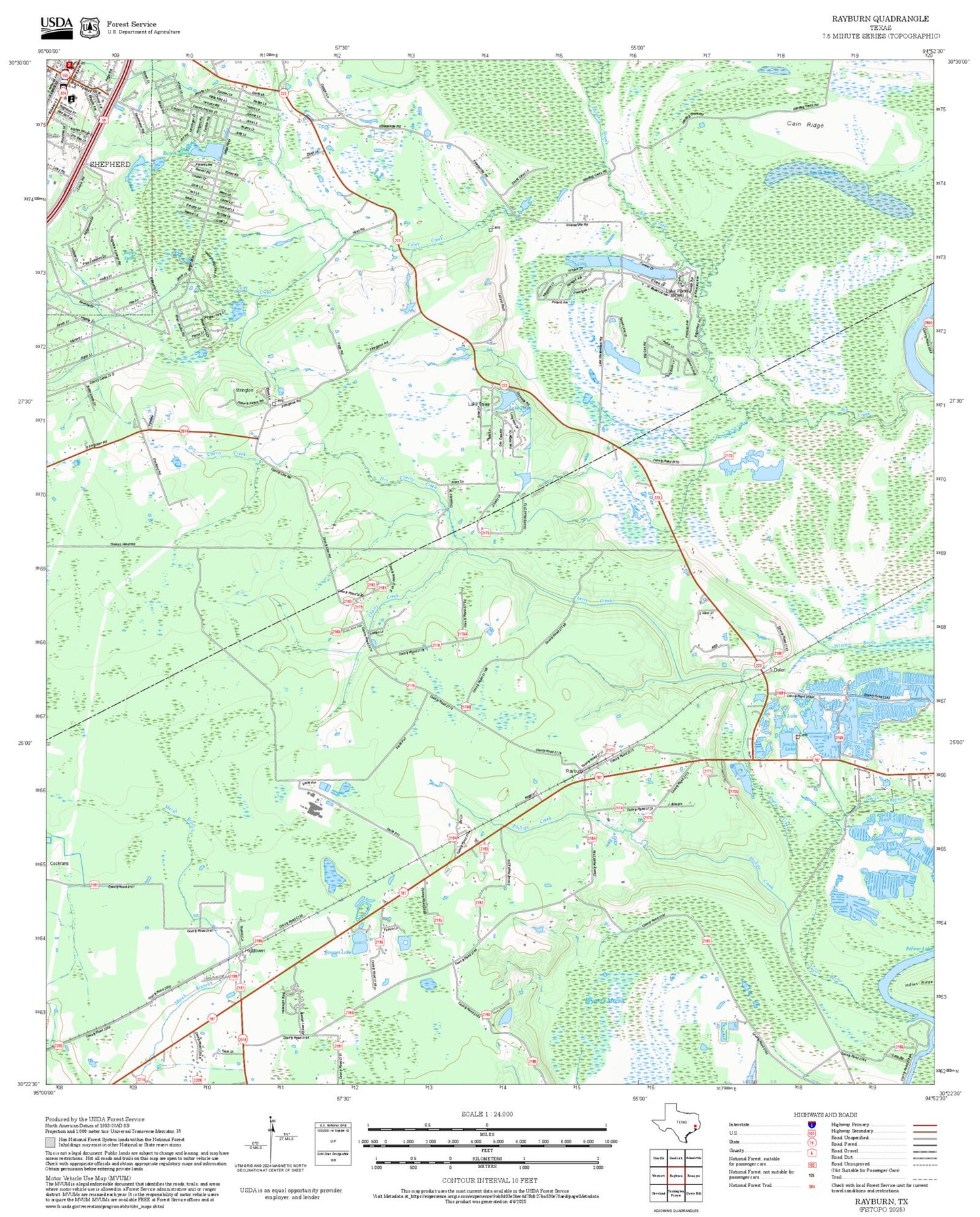 2025 Forest Service Topo Map of Rayburn Texas