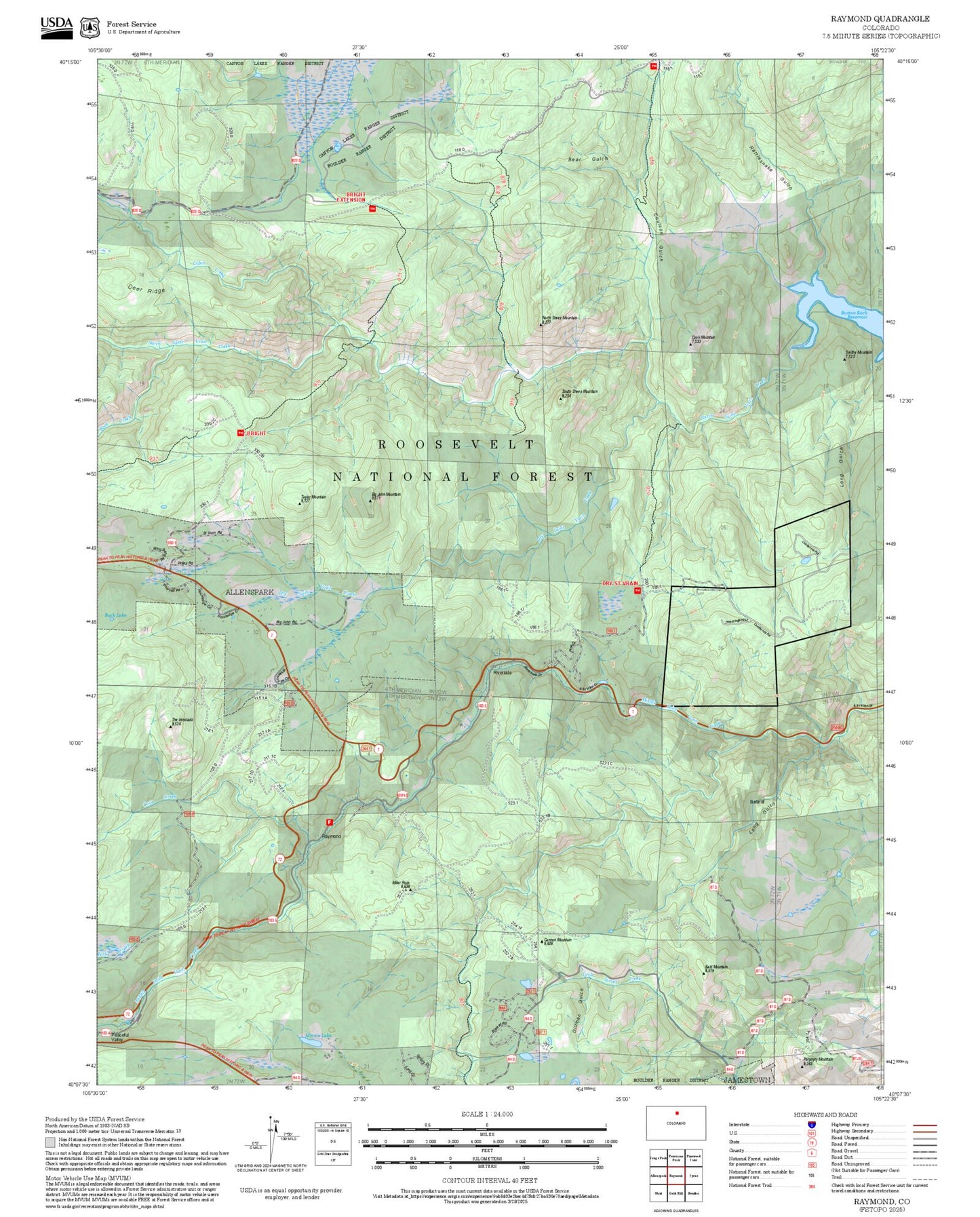 2025 Forest Service Topo Map of Raymond Colorado