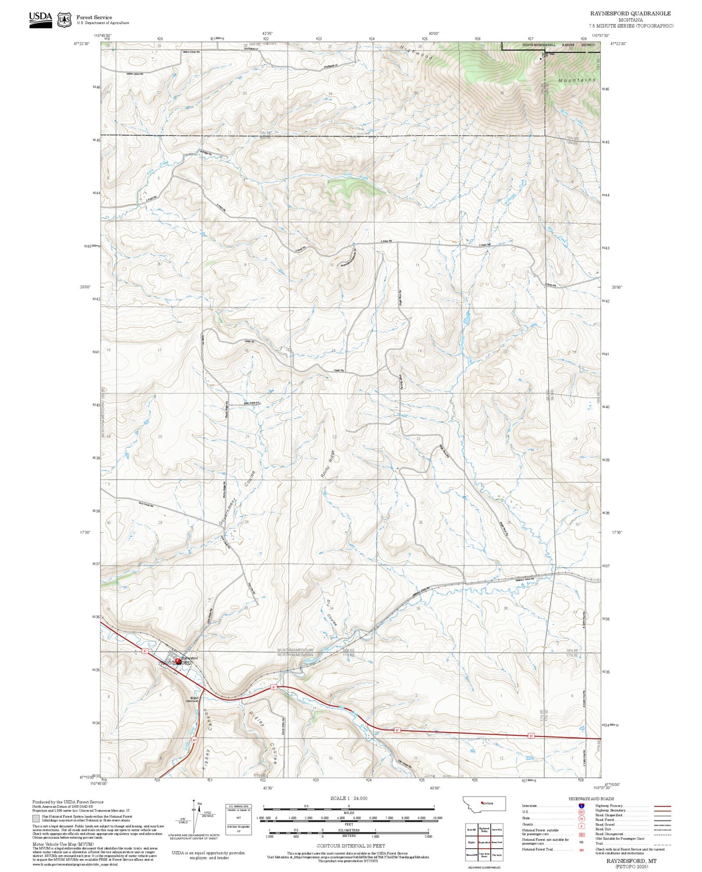2025 Forest Service Topo Map of Raynesford Montana