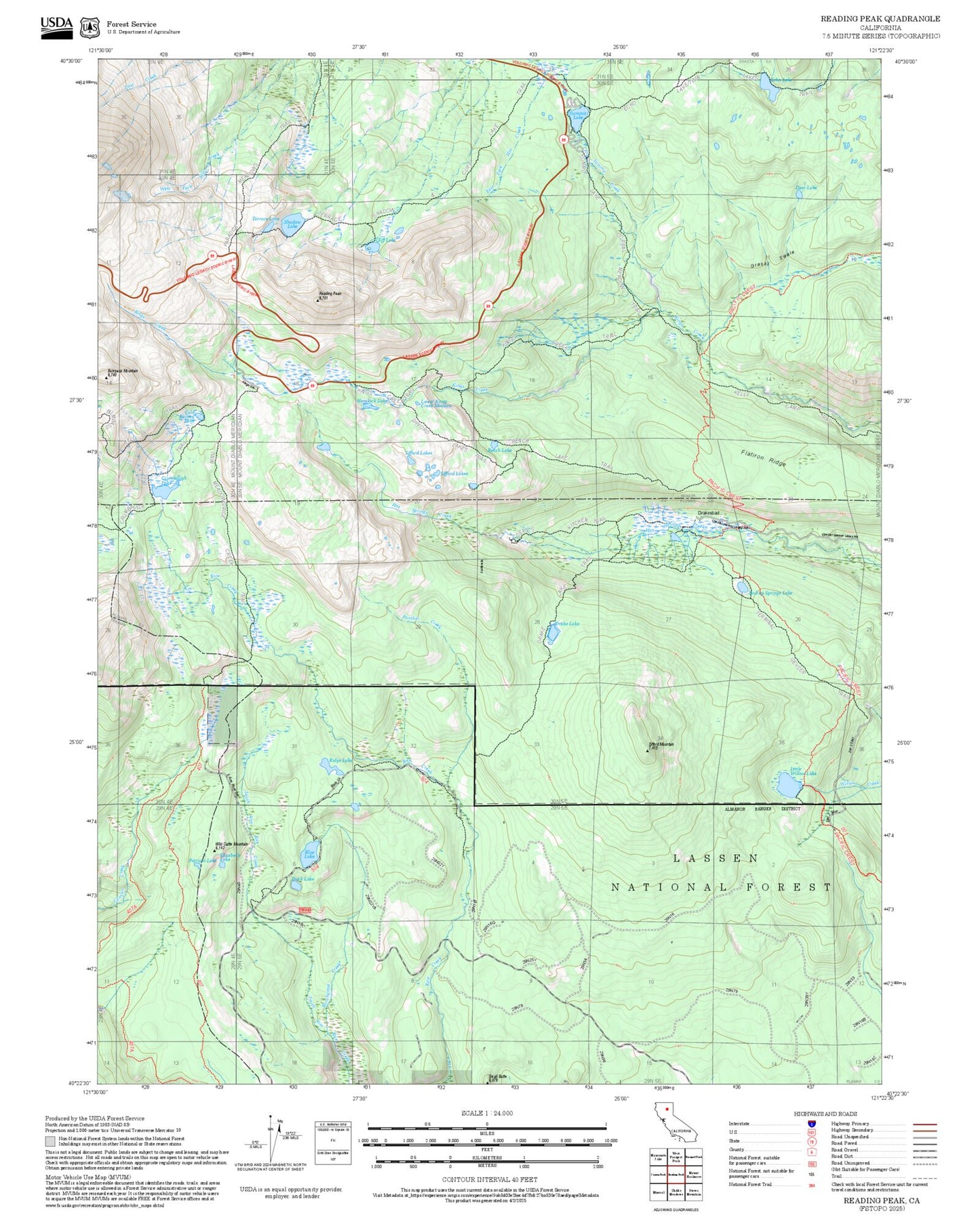2025 Forest Service Topo Map of Reading Peak California