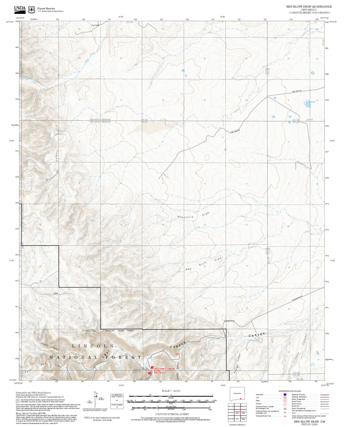 2025 Forest Service Topo Map of Red Bluff Draw New Mexico