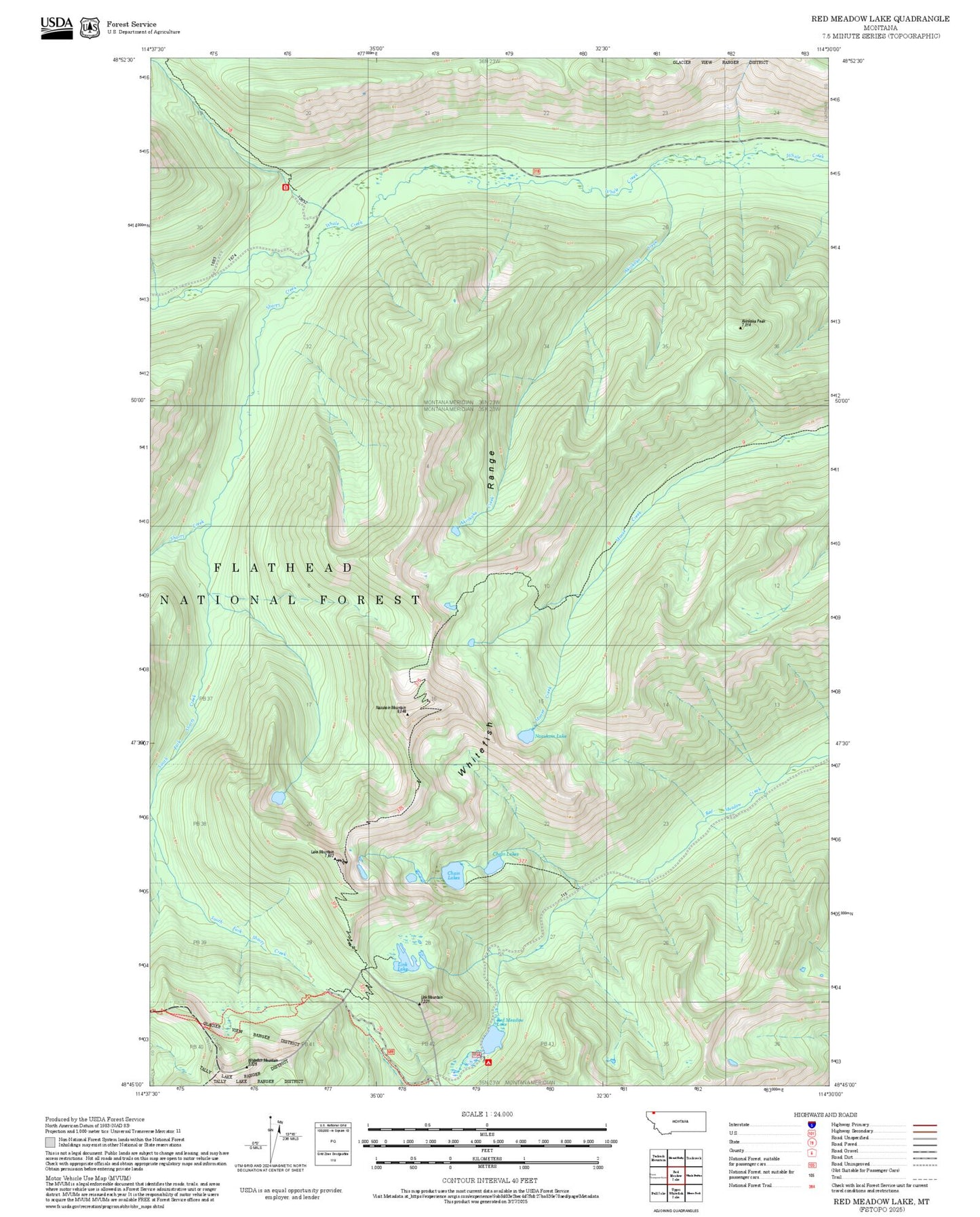 2025 Forest Service Topo Map of Red Meadow Lake Montana