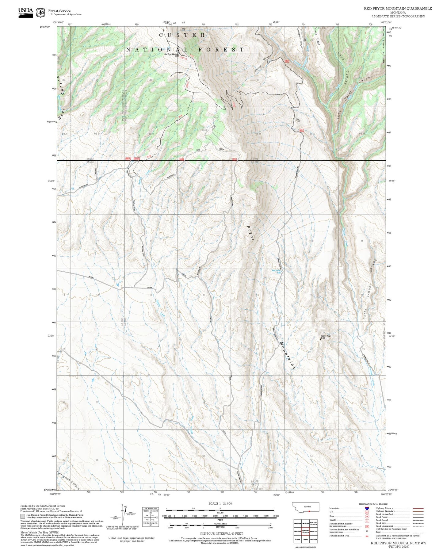 2025 Forest Service Topo Map of Red Pryor Mountain Montana