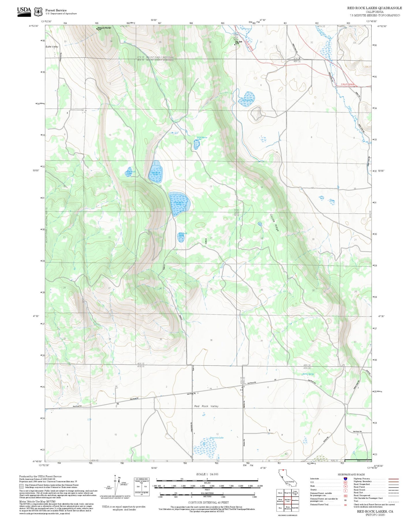 2025 Forest Service Topo Map of Red Rock Lakes California