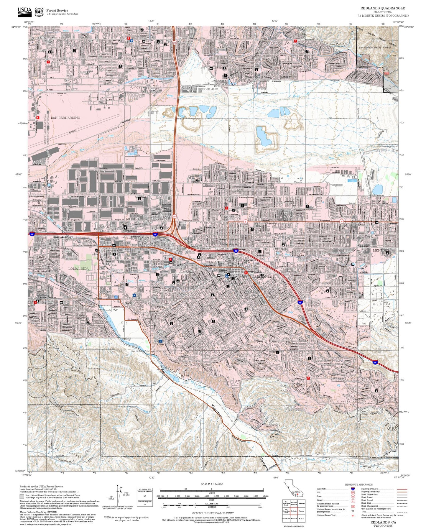 2025 Forest Service Topo Map of Redlands California
