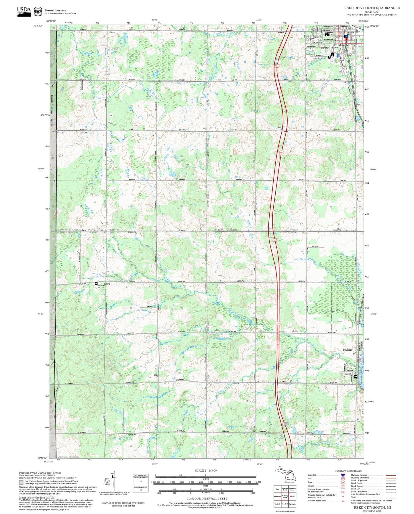 2025 Forest Service Topo Map of Reed City South Michigan