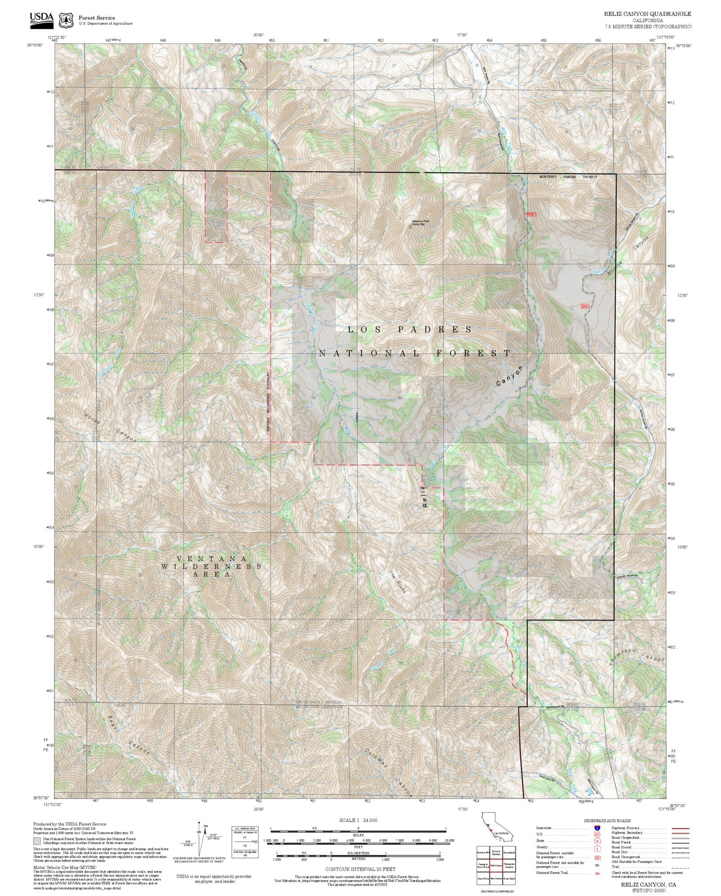2025 Forest Service Topo Map of Reliz Canyon California