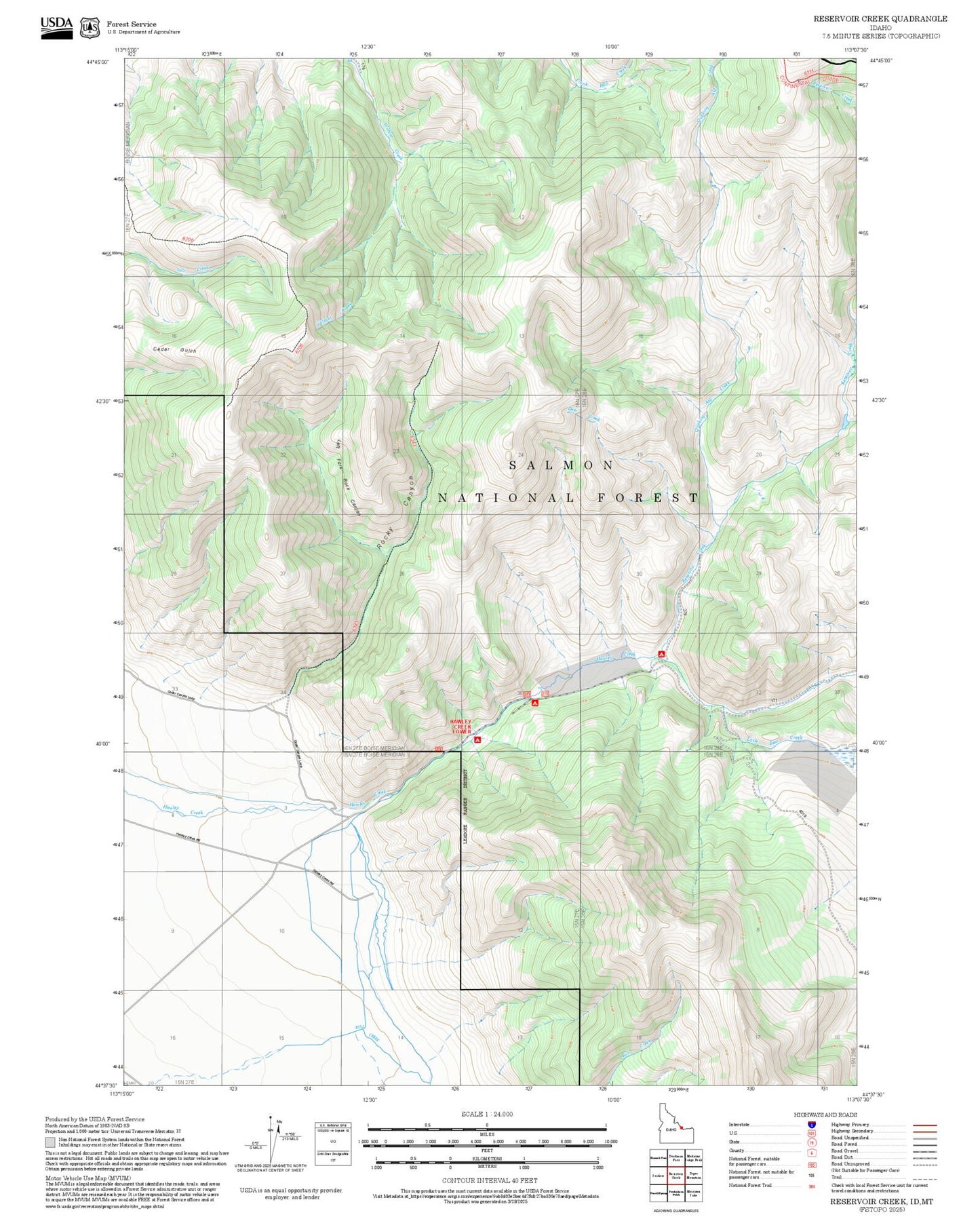 2025 Forest Service Topo Map of Reservoir Creek Idaho