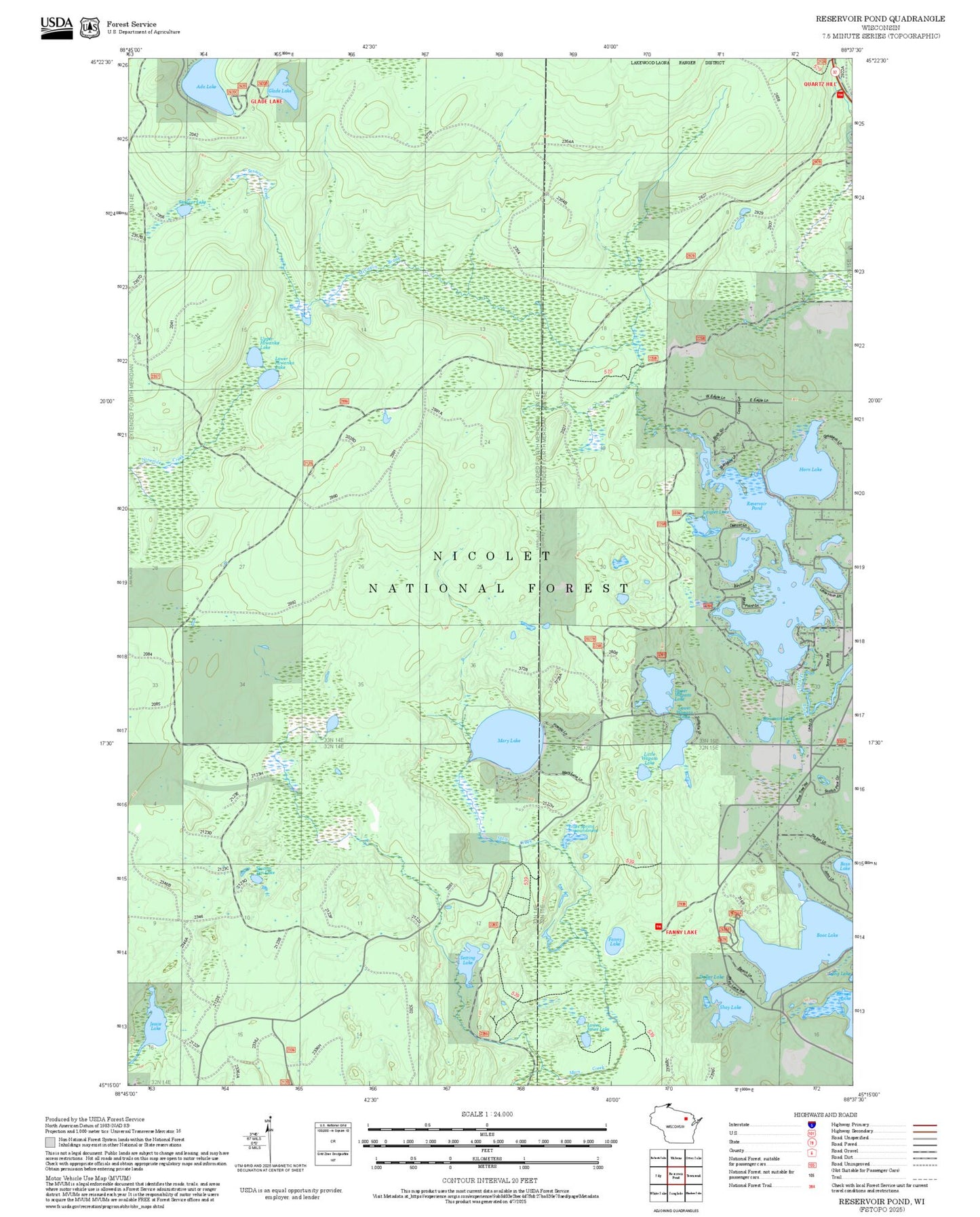 2025 Forest Service Topo Map of Reservoir Pond Wisconsin