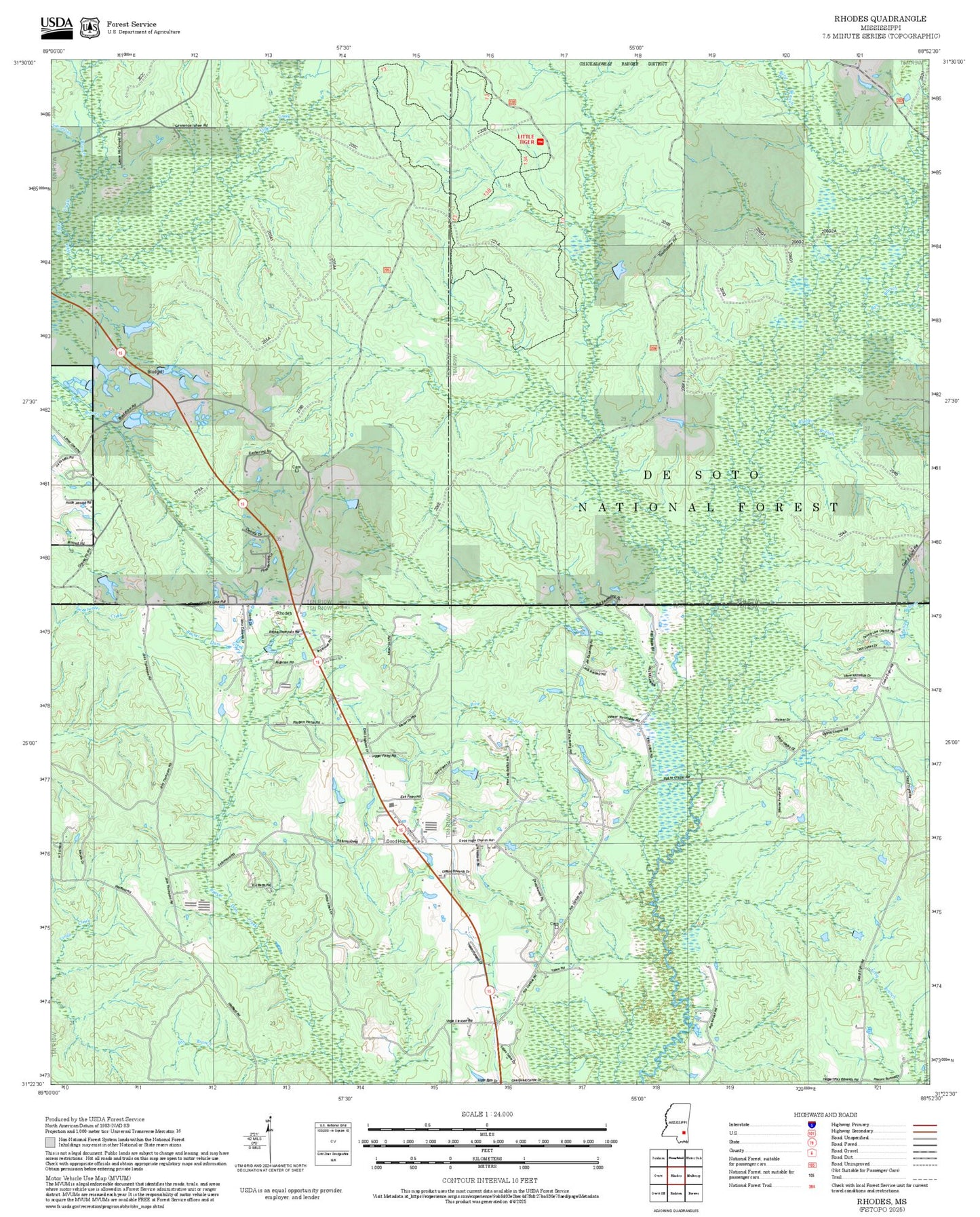 2025 Forest Service Topo Map of Rhodes Mississippi