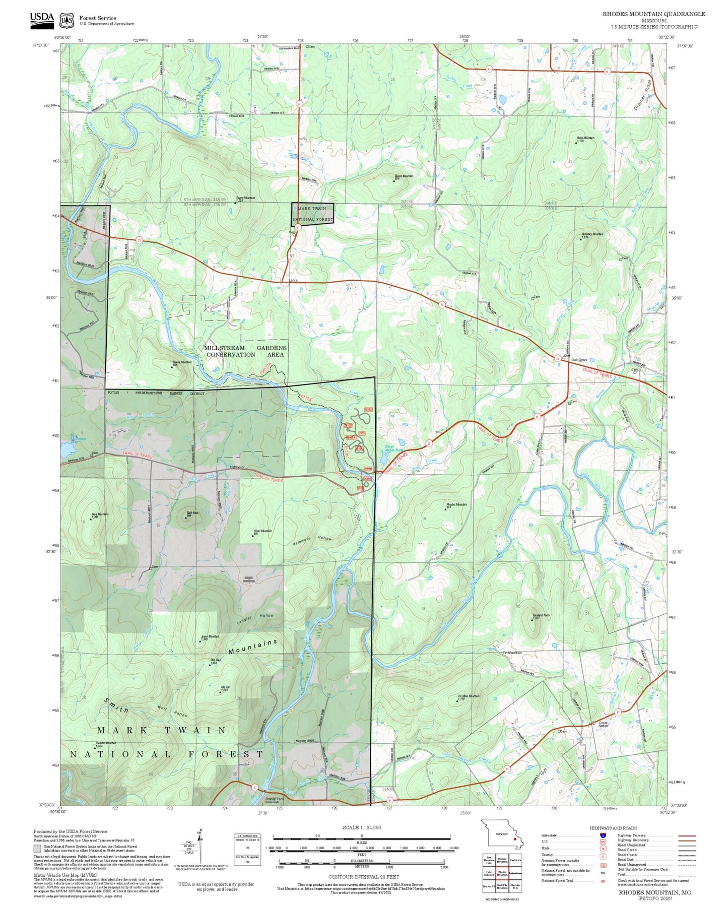 2025 Forest Service Topo Map of Rhodes Mountain Missouri