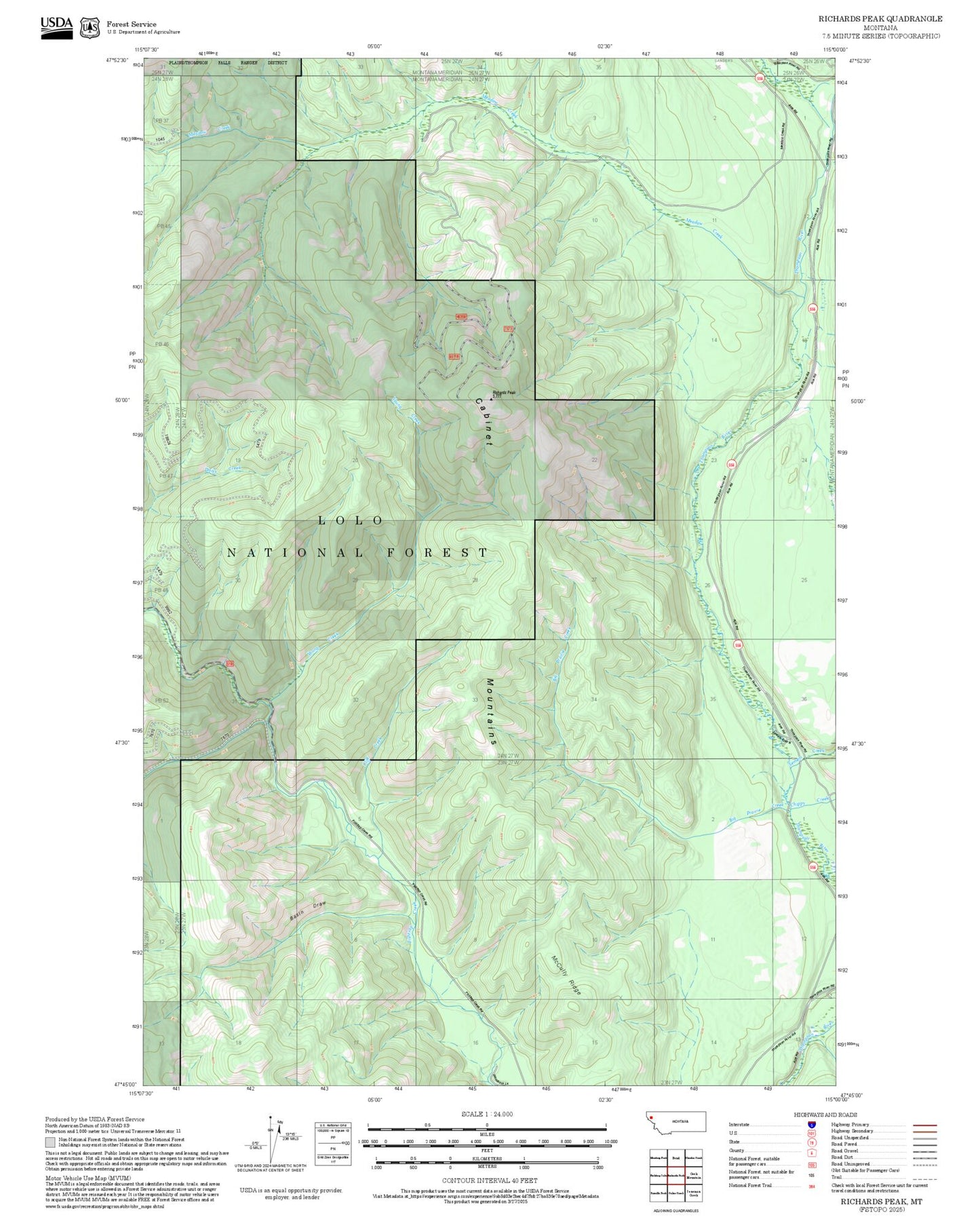 2025 Forest Service Topo Map of Richards Peak Montana