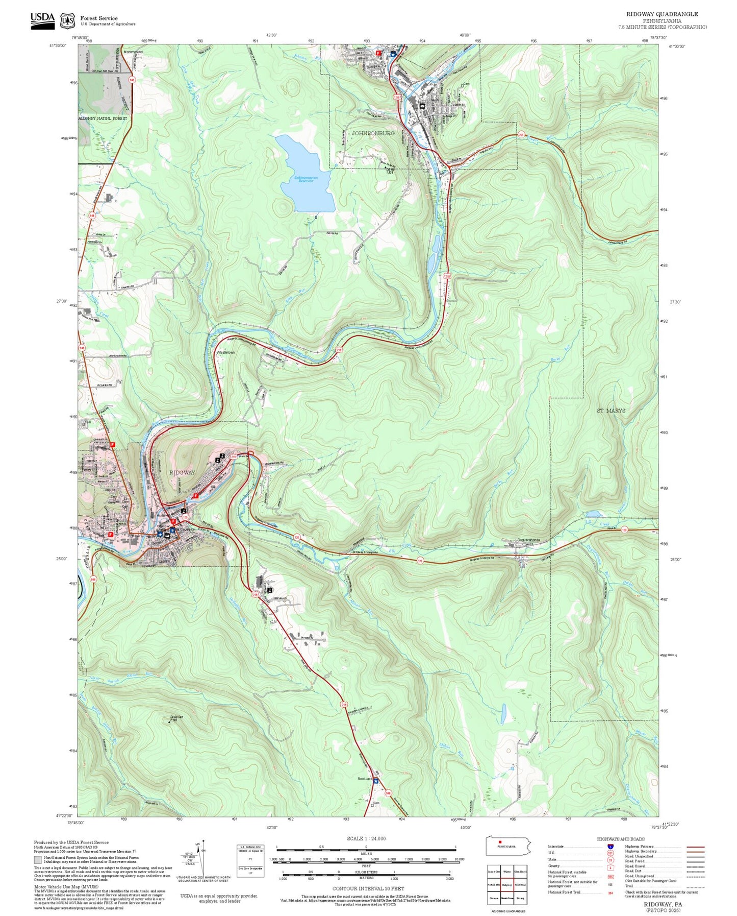 2025 Forest Service Topo Map of Ridgway Pennsylvania