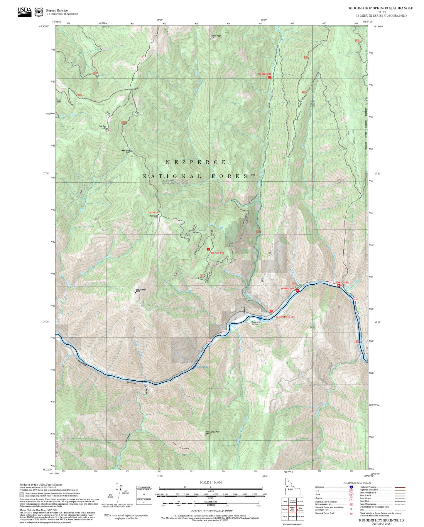 2025 Forest Service Topo Map of Riggins Hot Springs Idaho