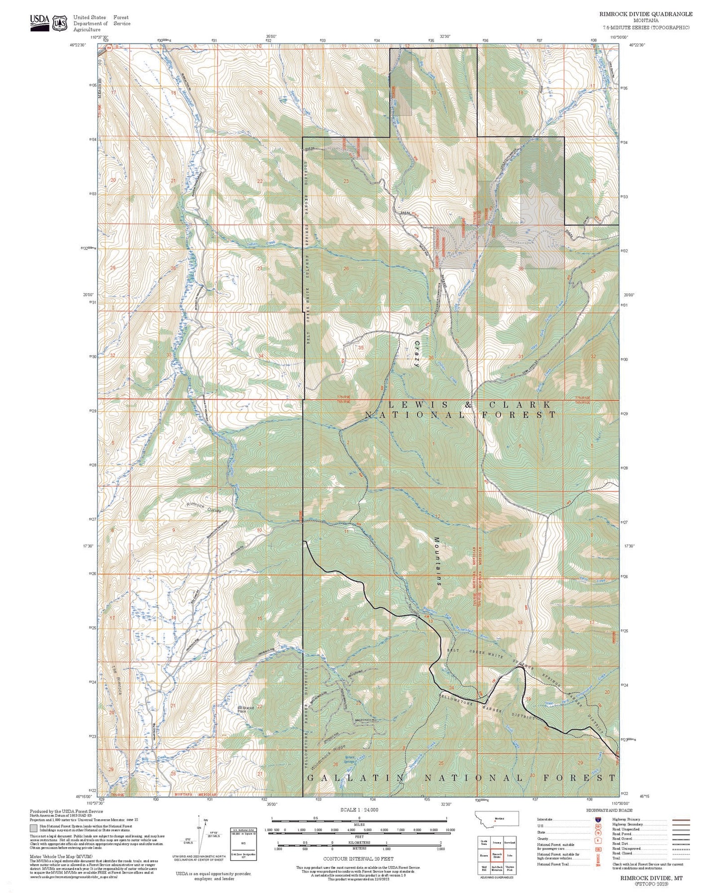 2025 Forest Service Topo Map of Rimrock Divide Montana