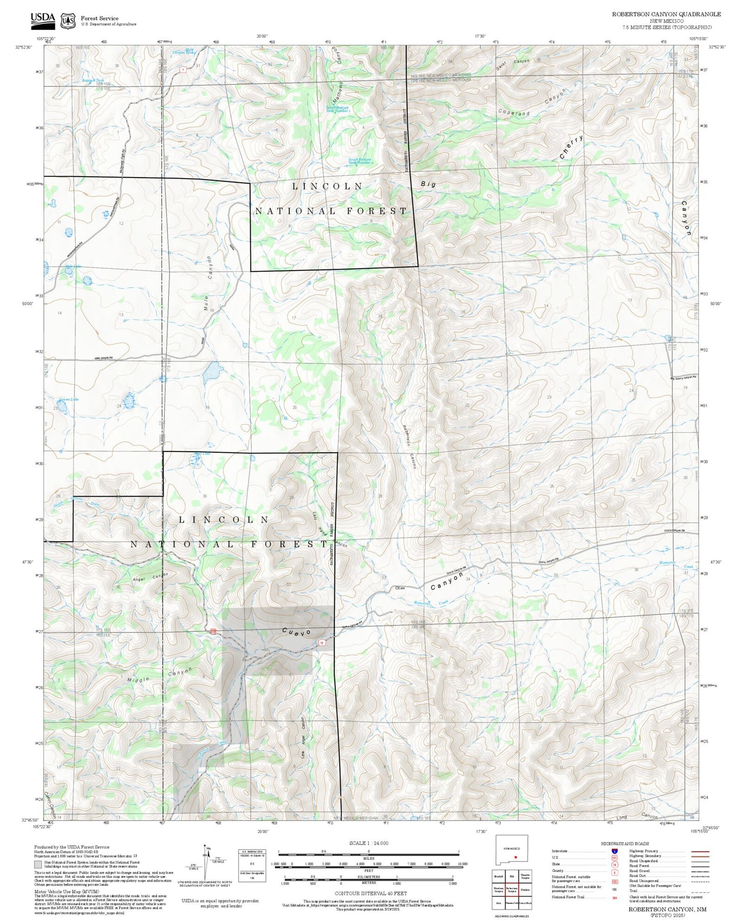 2025 Forest Service Topo Map of Robertson Canyon New Mexico
