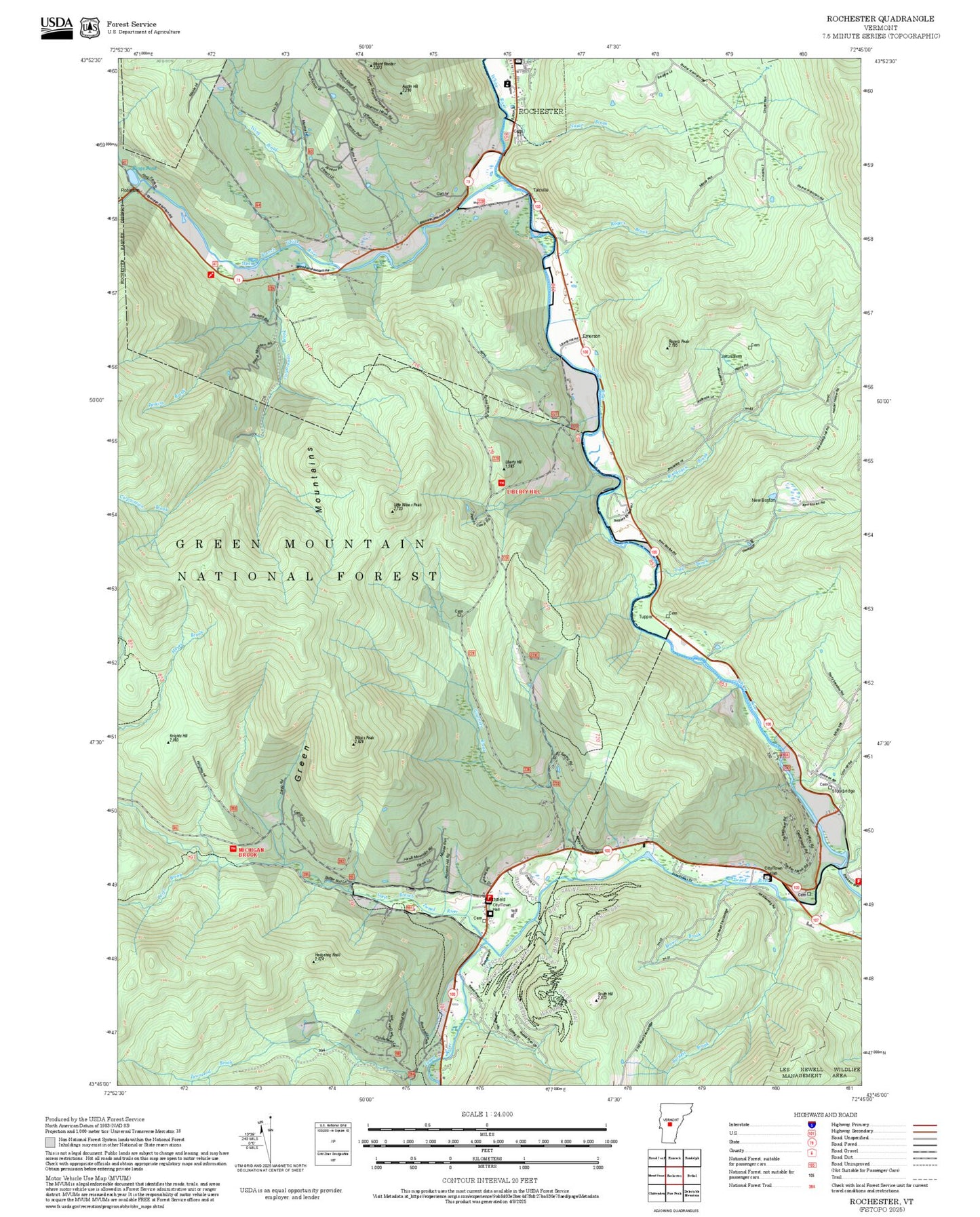 2025 Forest Service Topo Map of Rochester Vermont