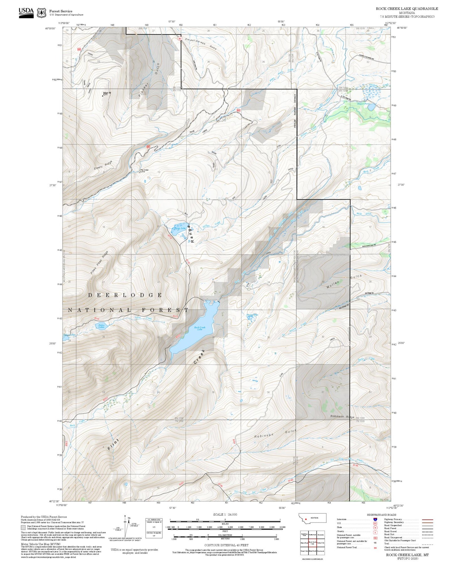 2025 Forest Service Topo Map of Rock Creek Lake Montana