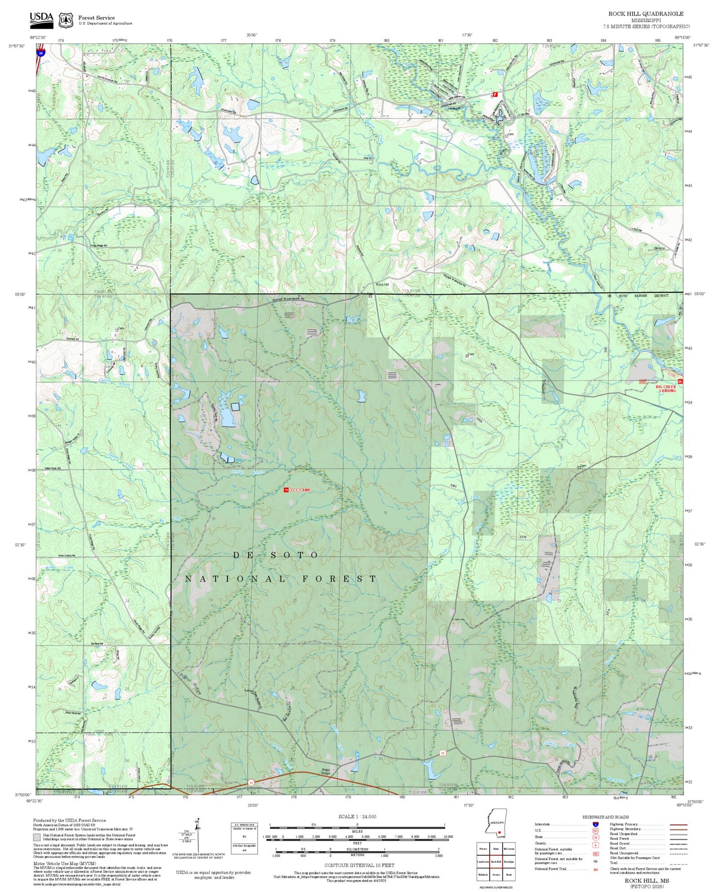 2025 Forest Service Topo Map of Rock Hill Mississippi