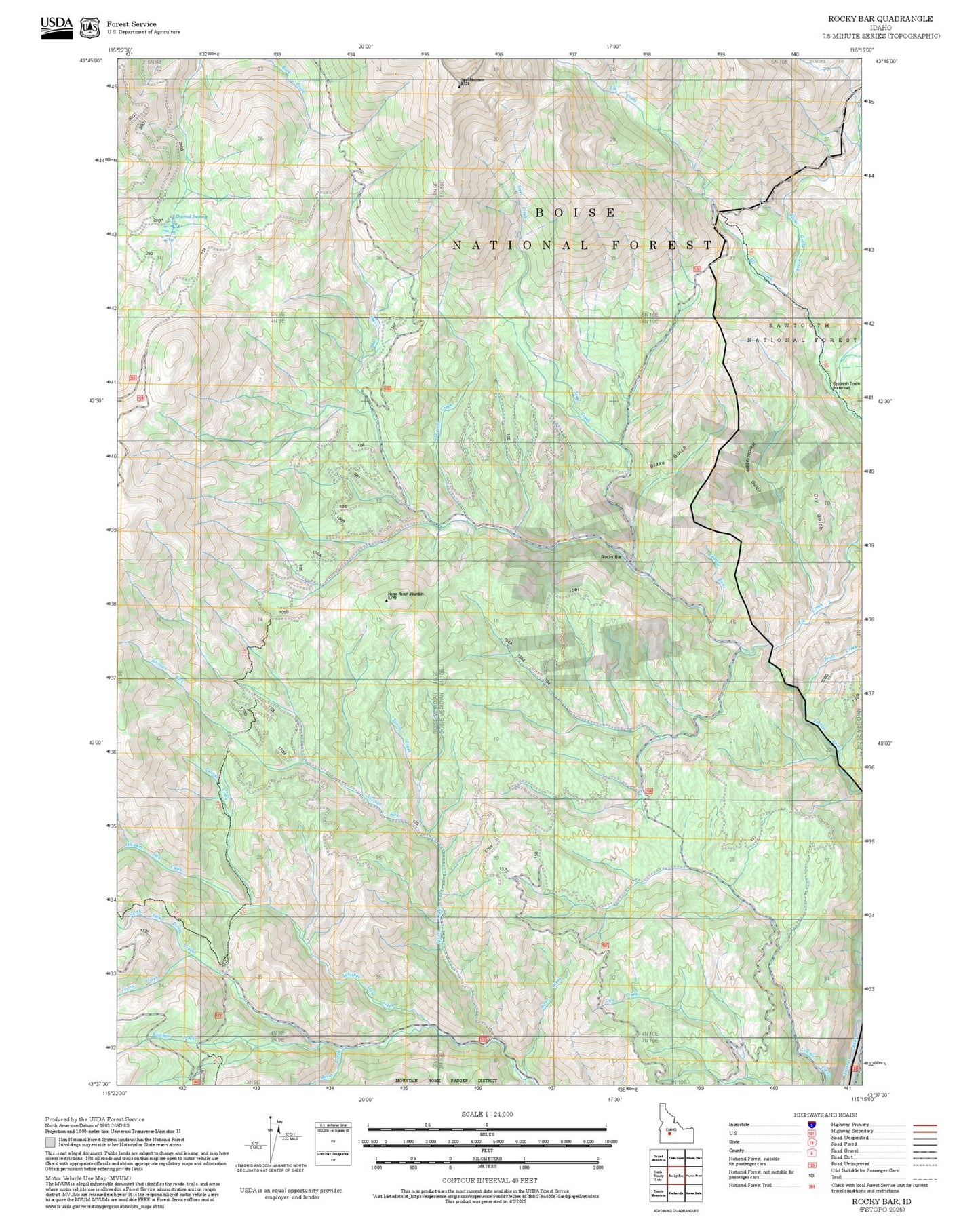 2025 Forest Service Topo Map of Rocky Bar Idaho