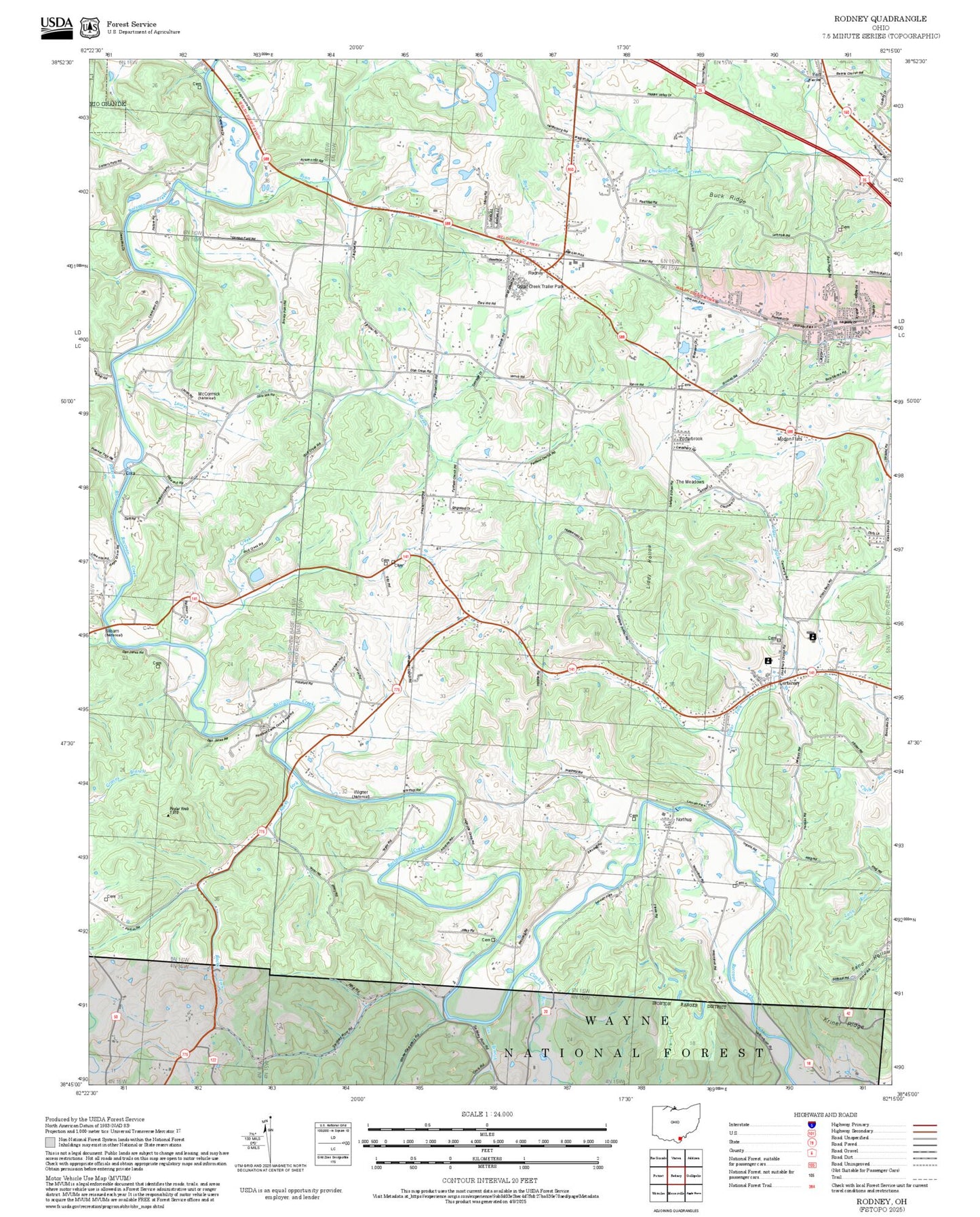 2025 Forest Service Topo Map of Rodney Ohio