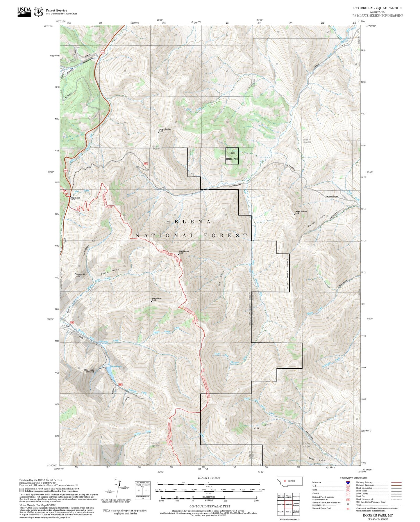 2025 Forest Service Topo Map of Rogers Pass Montana