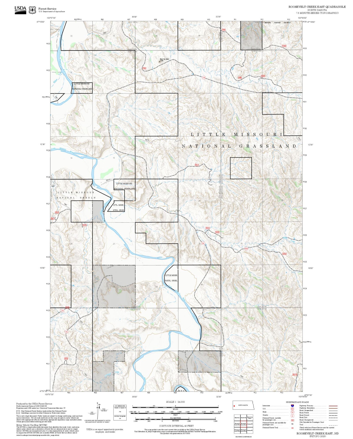 2025 Forest Service Topo Map of Roosevelt Creek East North Dakota