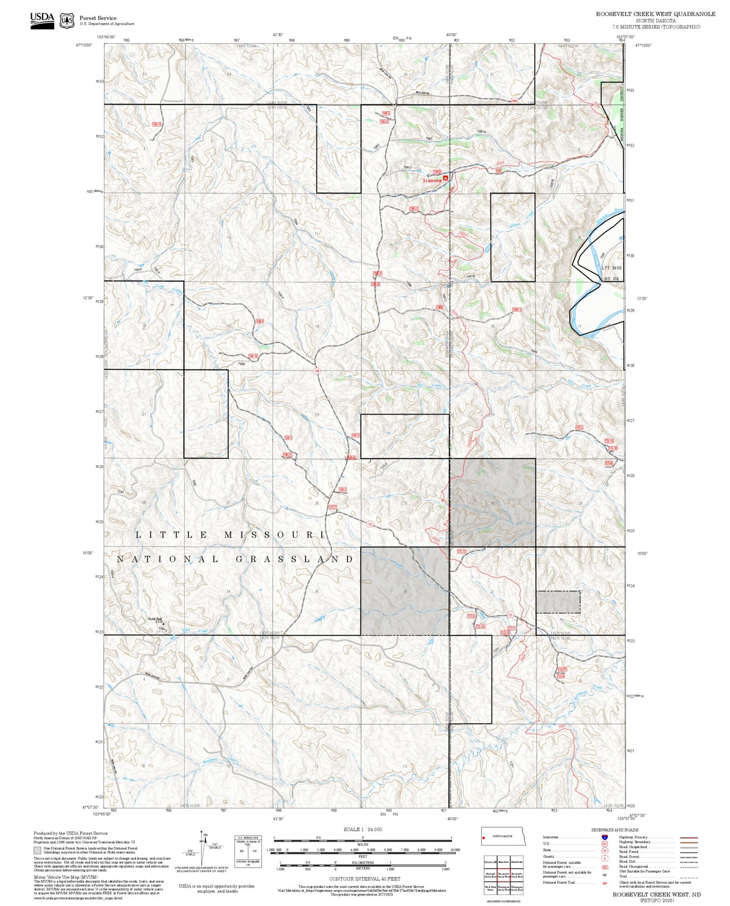 2025 Forest Service Topo Map of Roosevelt Creek West North Dakota