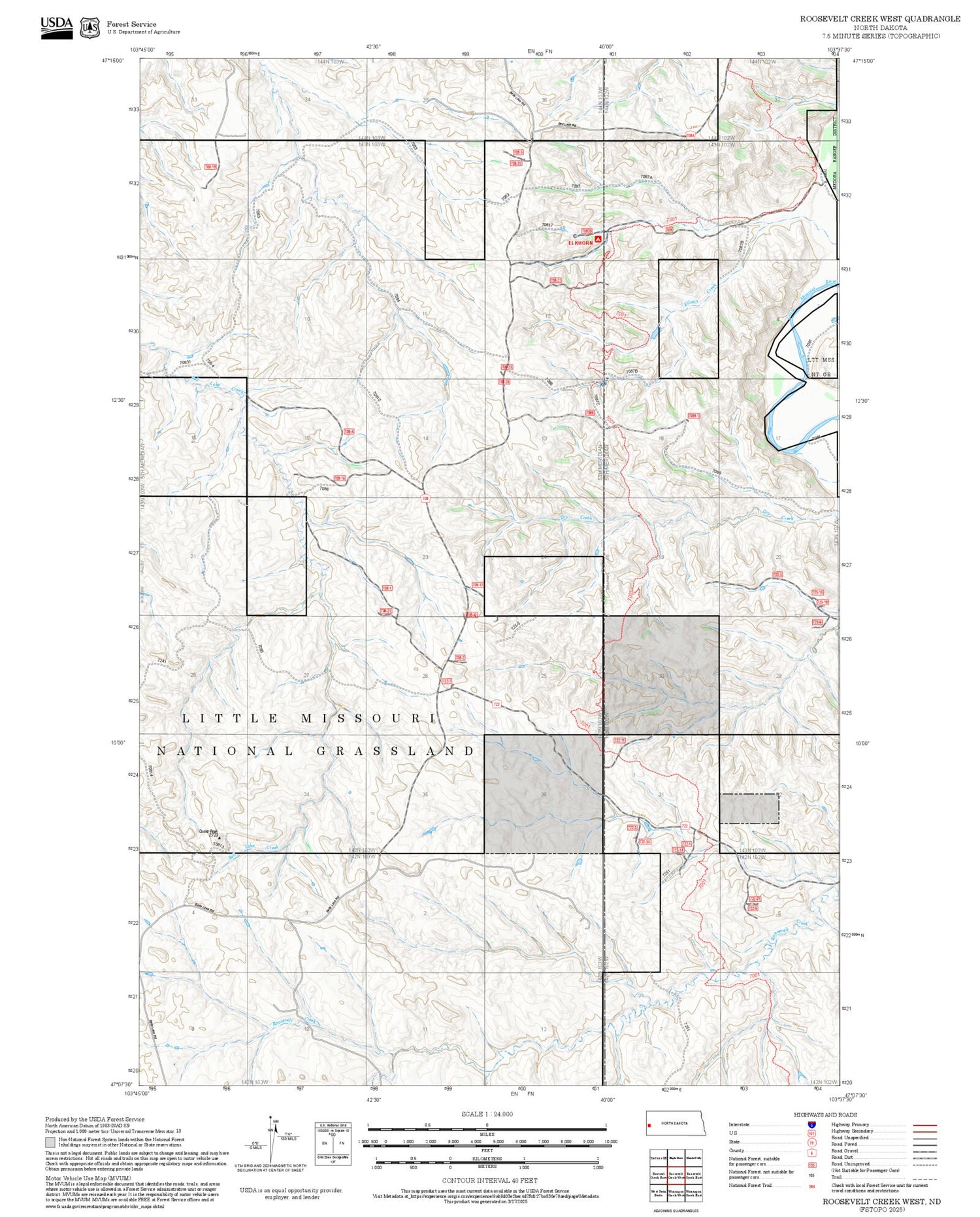 2025 Forest Service Topo Map of Roosevelt Creek West North Dakota
