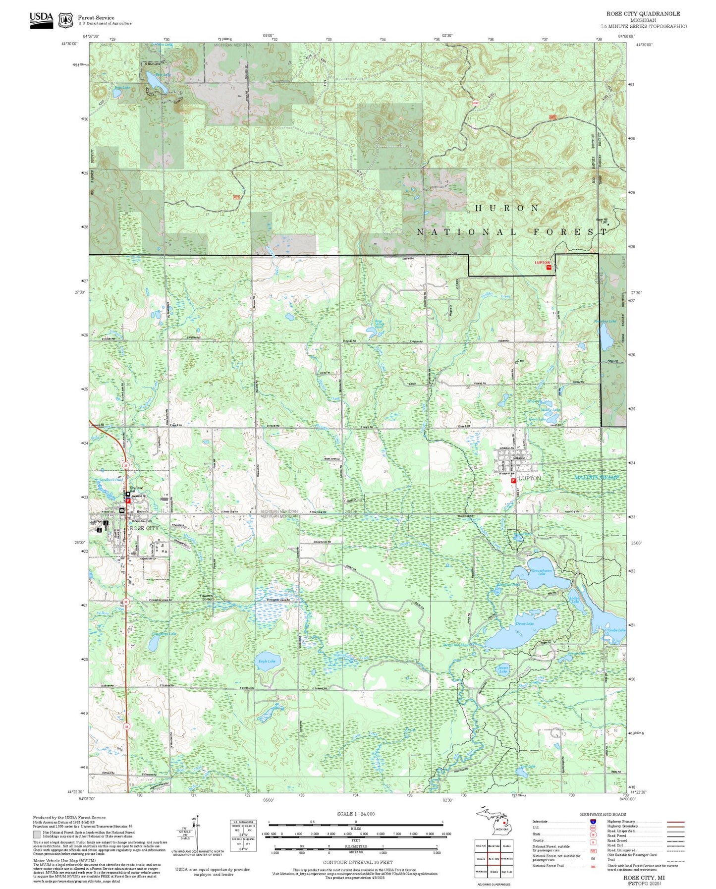 2025 Forest Service Topo Map of Rose City Michigan