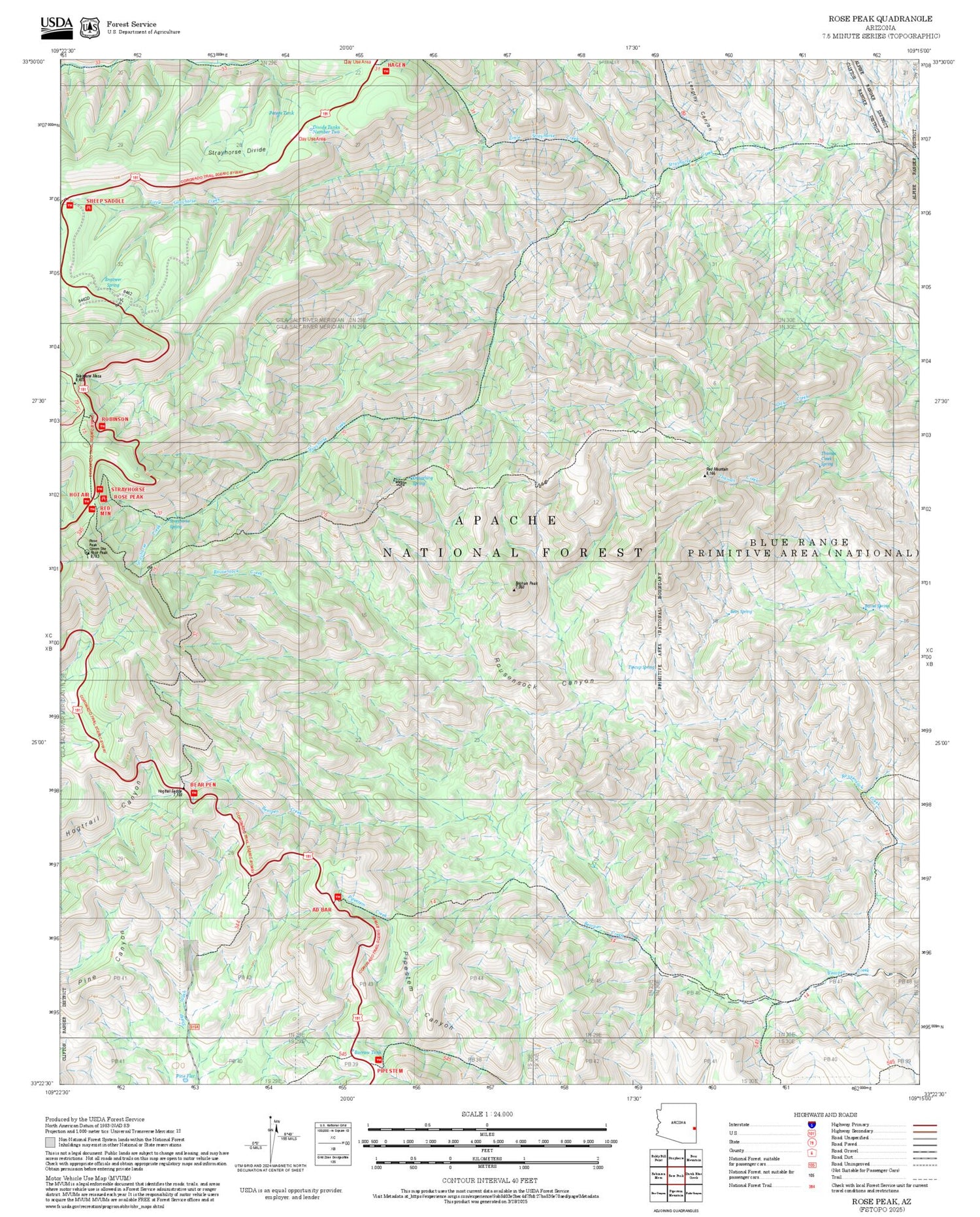 2025 Forest Service Topo Map of Rose Peak Arizona
