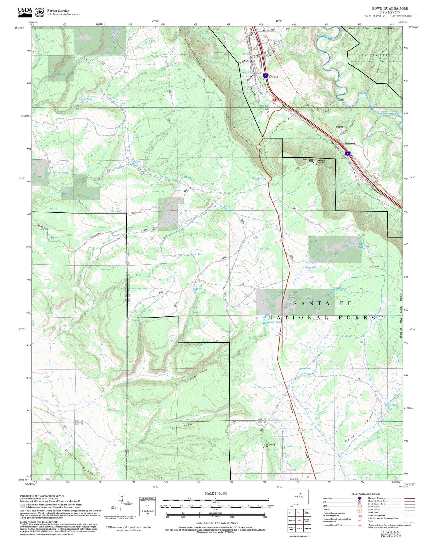 2025 Forest Service Topo Map of Rowe New Mexico
