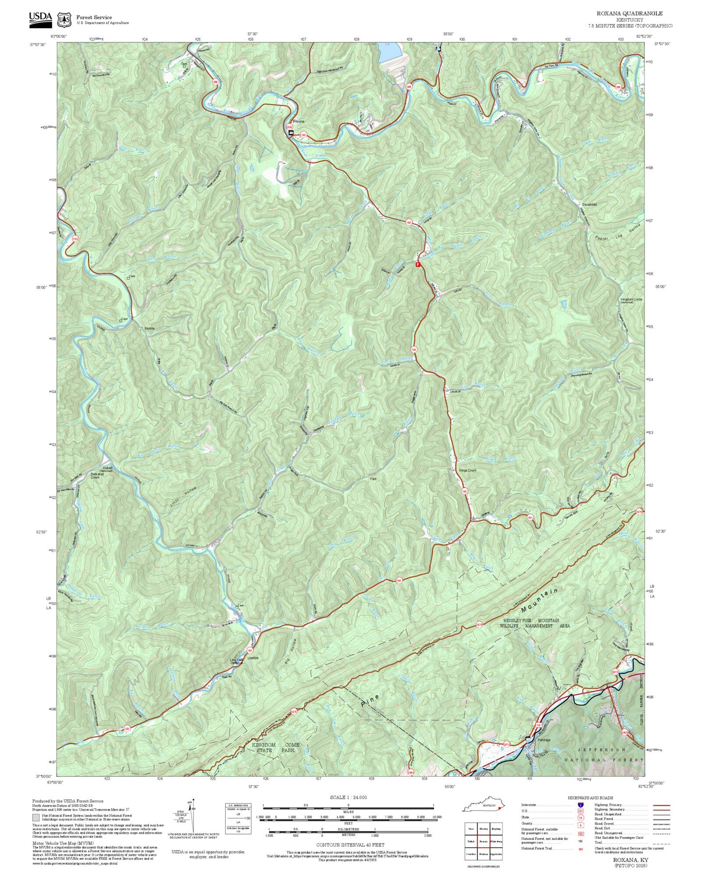 2025 Forest Service Topo Map of Roxana Kentucky
